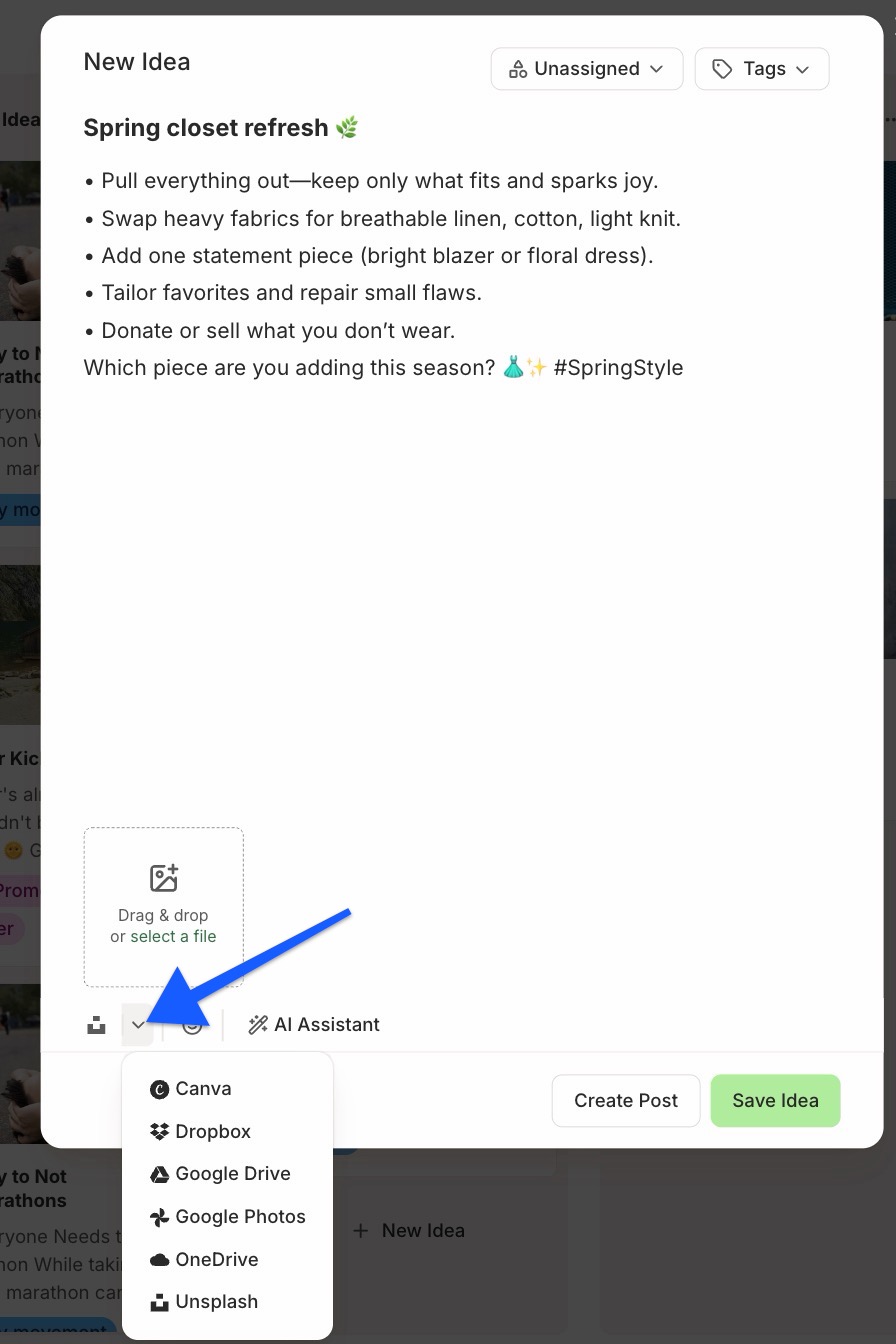 Buffer Ideas composer with integrations menu open