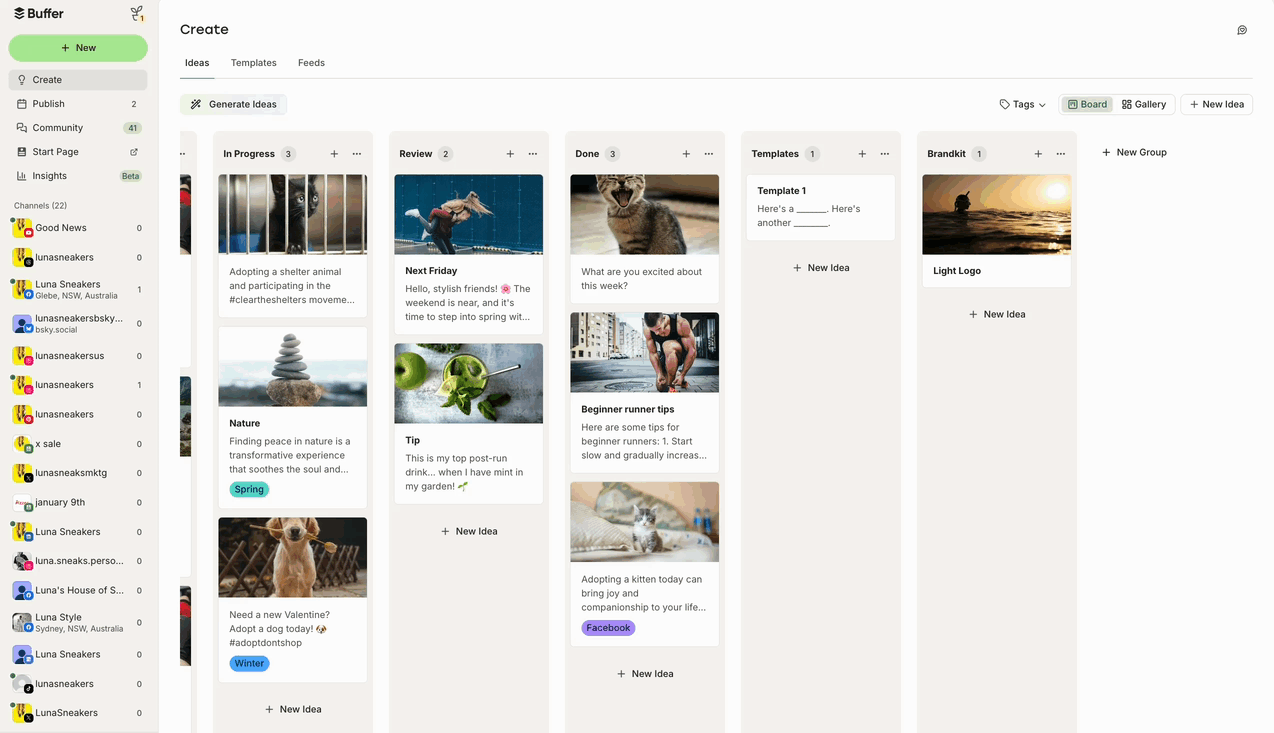 GIF of creating a new group in Buffer's Create space and renaming it 