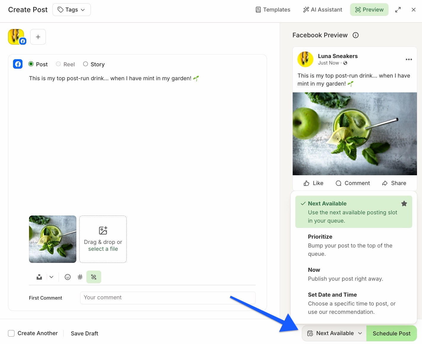 Buffer composer with Scheduling options visible