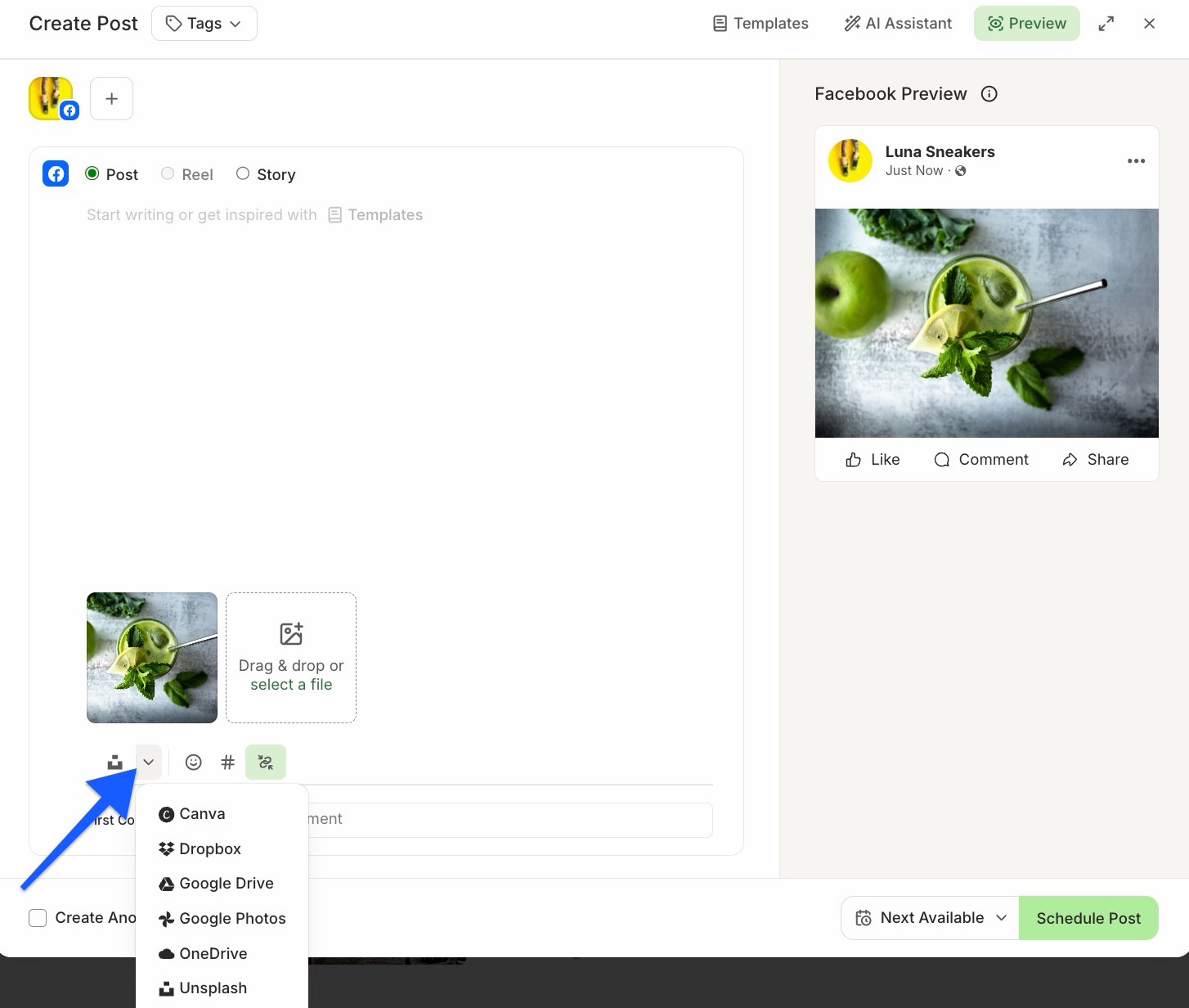Buffer composer with arrow pointing to integrations menu