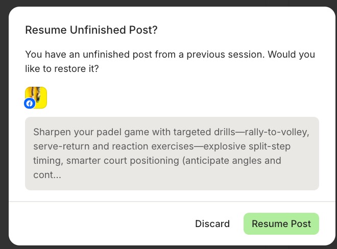 Buffer - Resume Unfinished Post pop-up message 