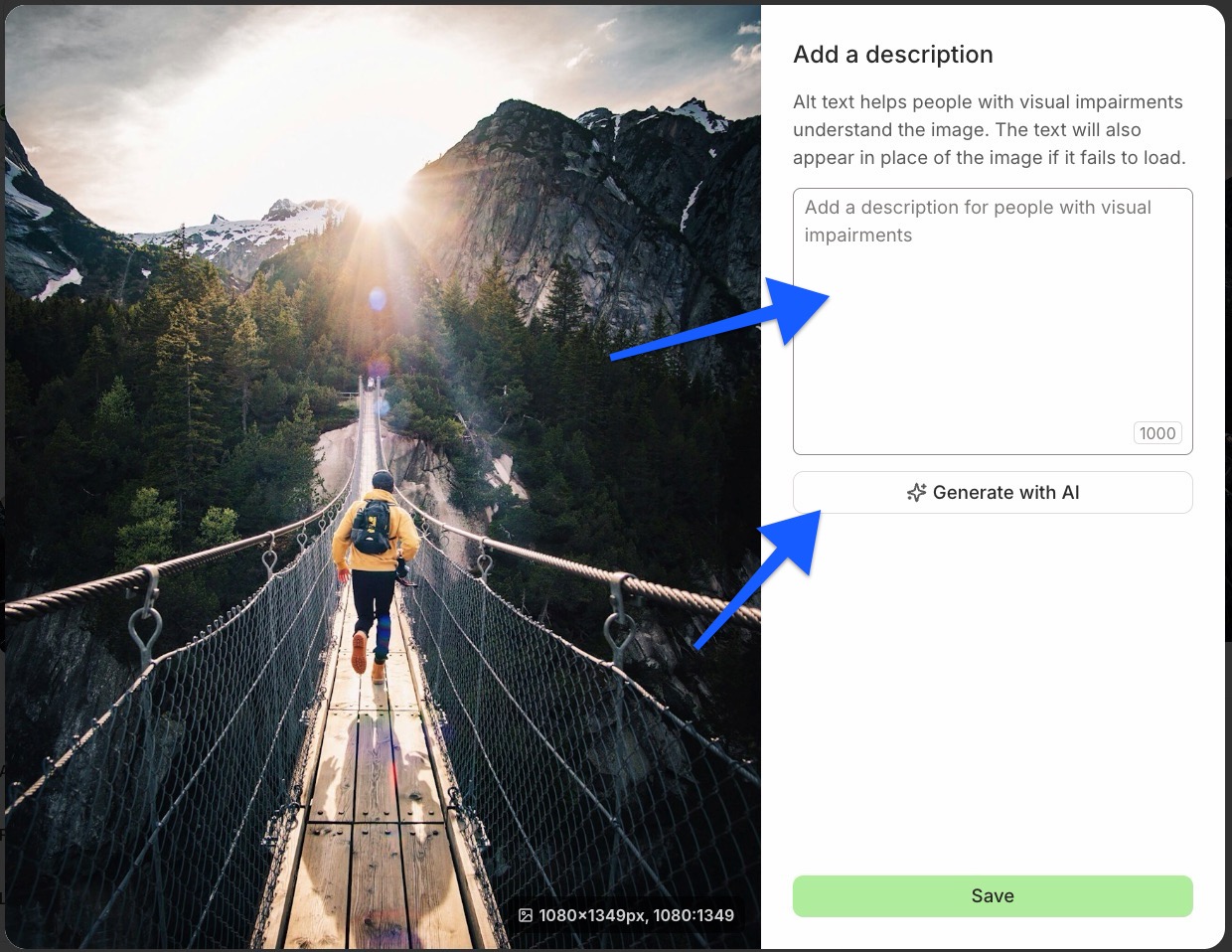 Buffer alt text composer with arrows pointing to description area and Generate with AI option