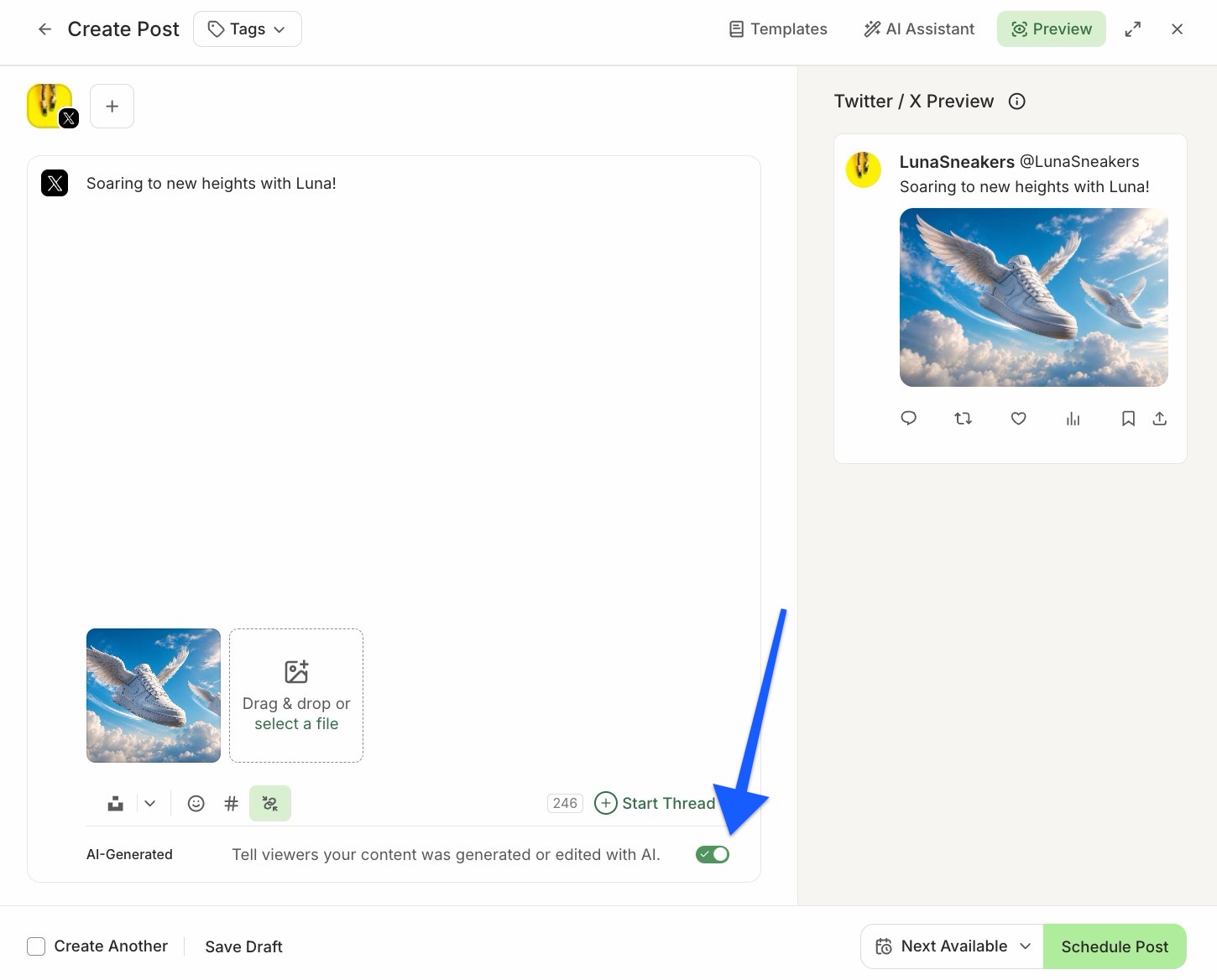 Buffer Publish composer with arrow pointing to AI Generated toggle, toggled ON