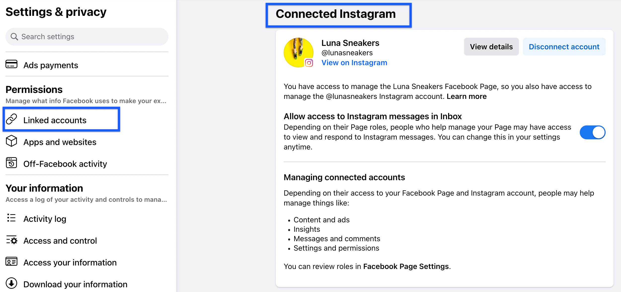 Facebook Page - Connected Instagram account