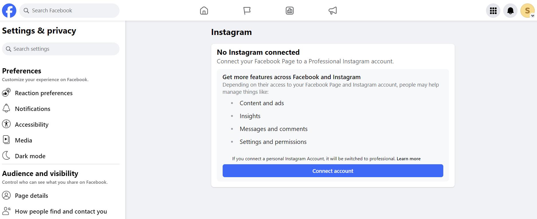 Facebook Page settings - No Instagram connected
