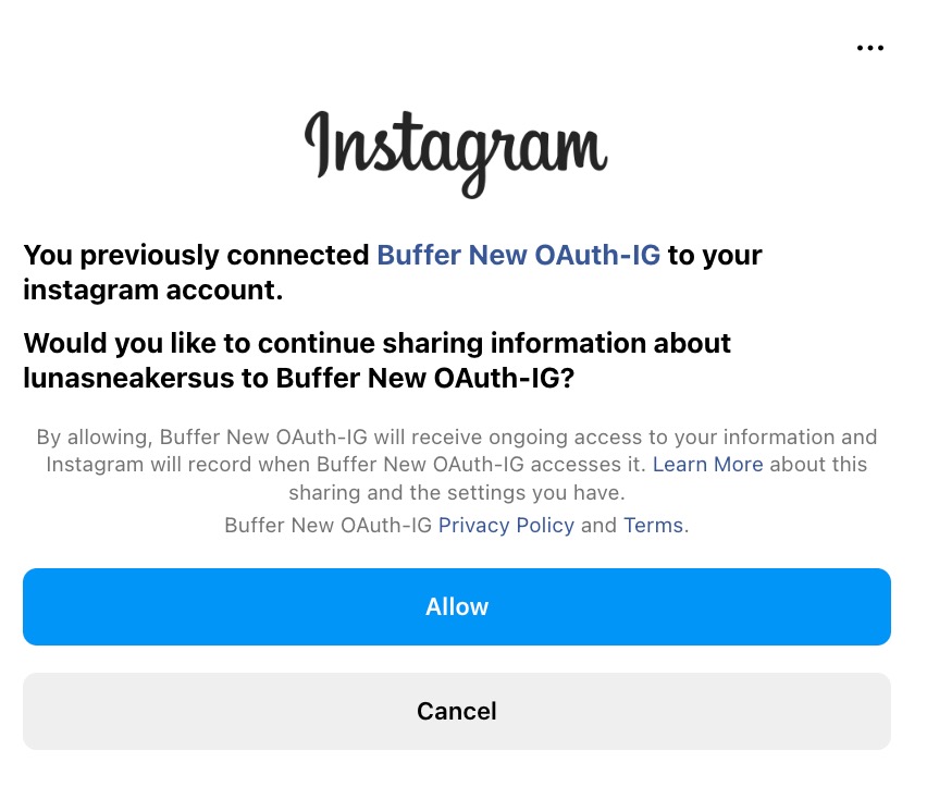 Instagram permissions screen with blue Allow button
