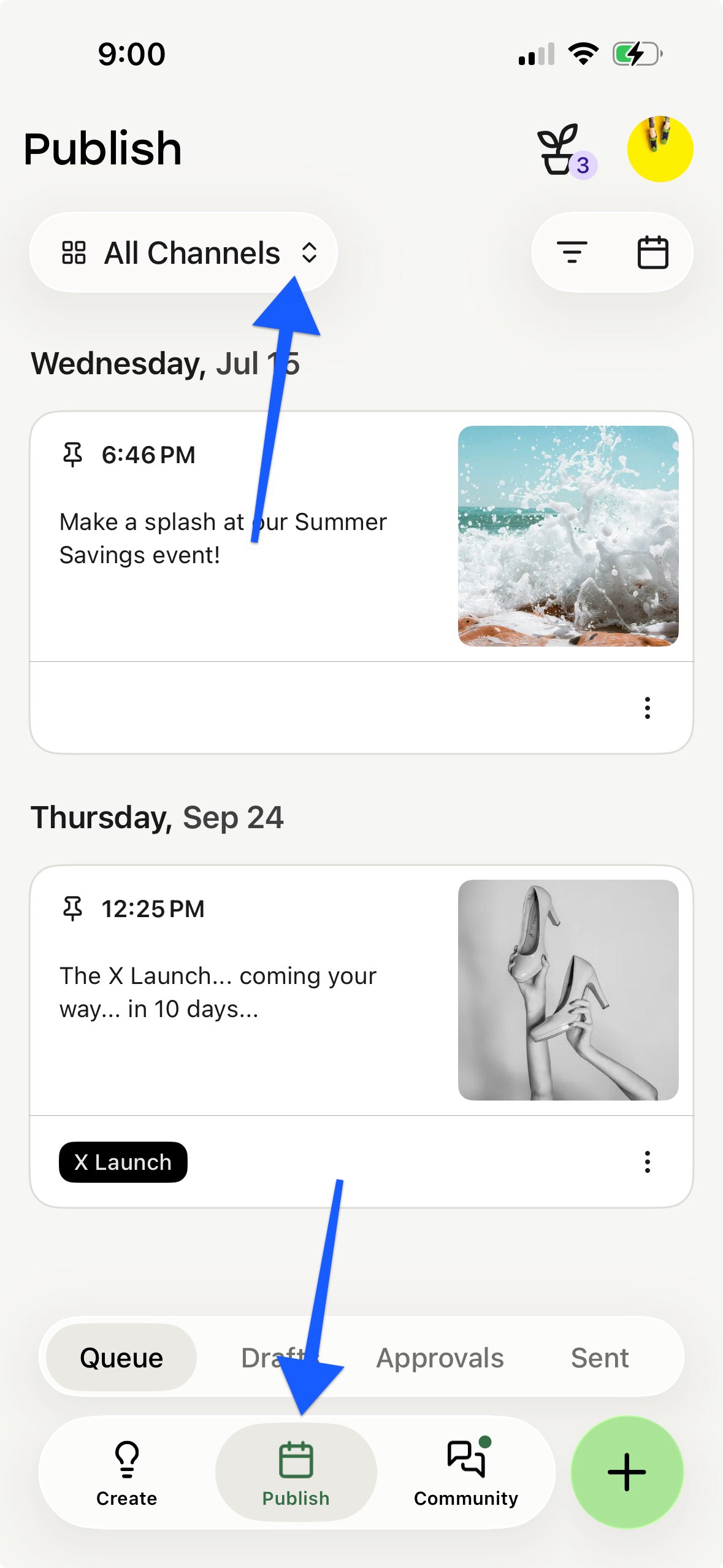 Buffer mobile app - arrows pointing to Publish and Channels menu