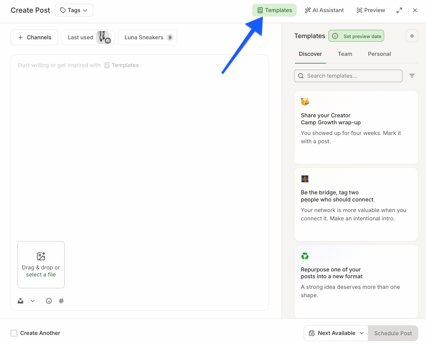 Buffer Publish composer - arrow pointing to Templates