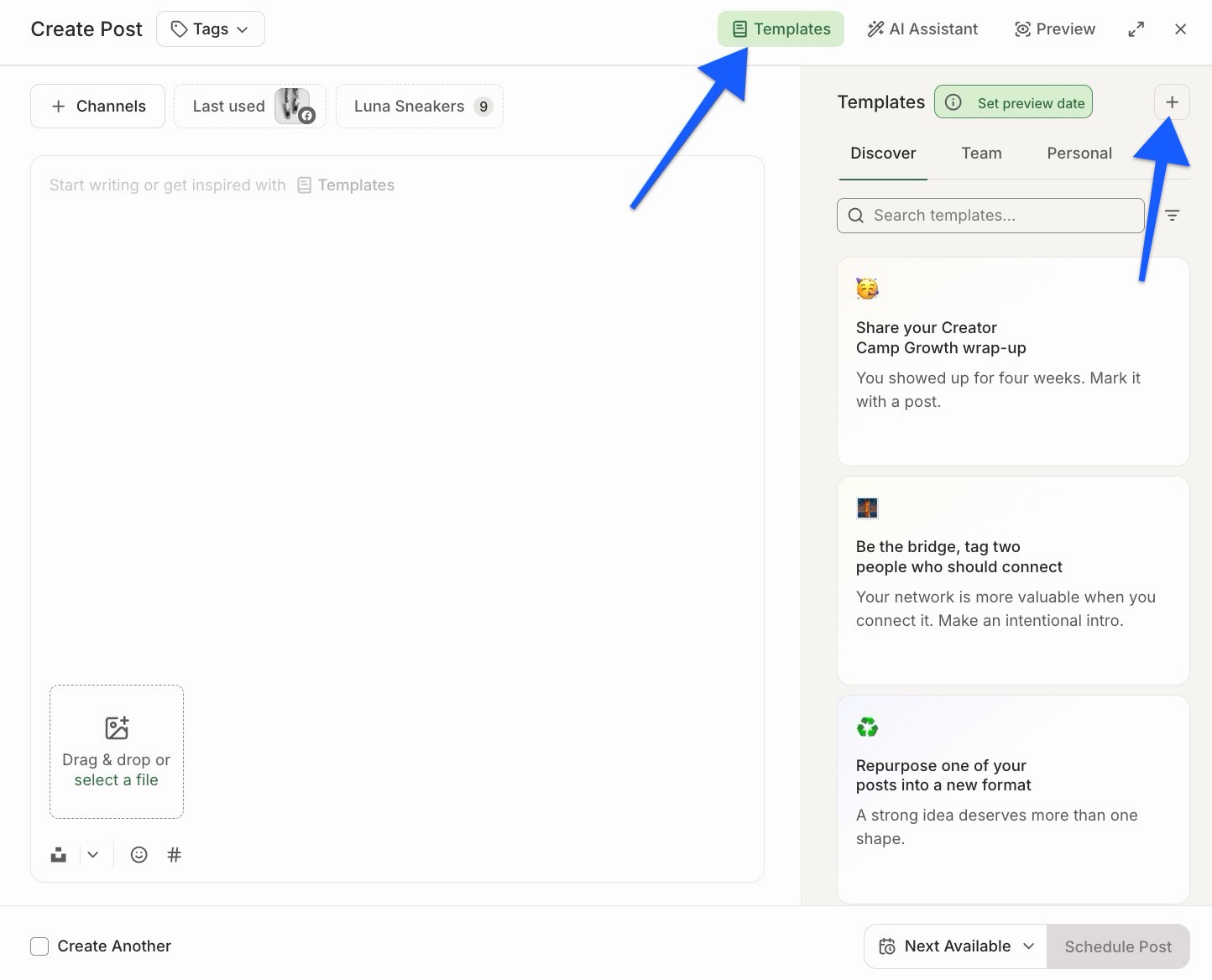 Buffer Publish composer with arrows pointing to Templates and + button