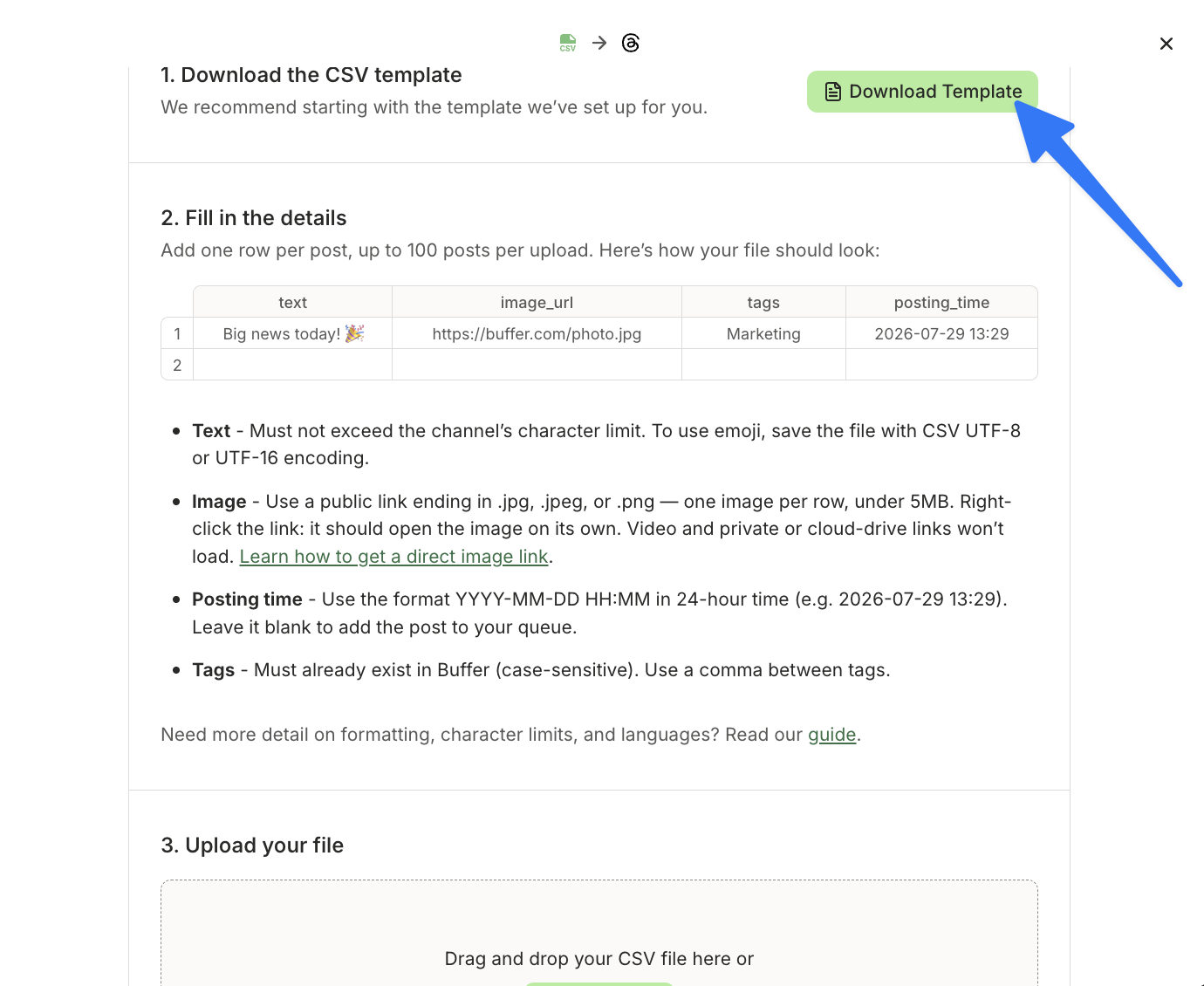Screenshot of Bulk Uploads screen with arrow pointing to Download Template