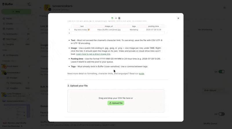 GIF of bulk uploading content to Buffer with one error in the process