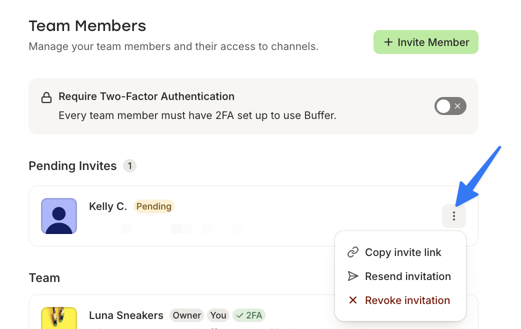 Screenshot: Pending Invites options (Copy invite link, Resend, Revoke Invitation)