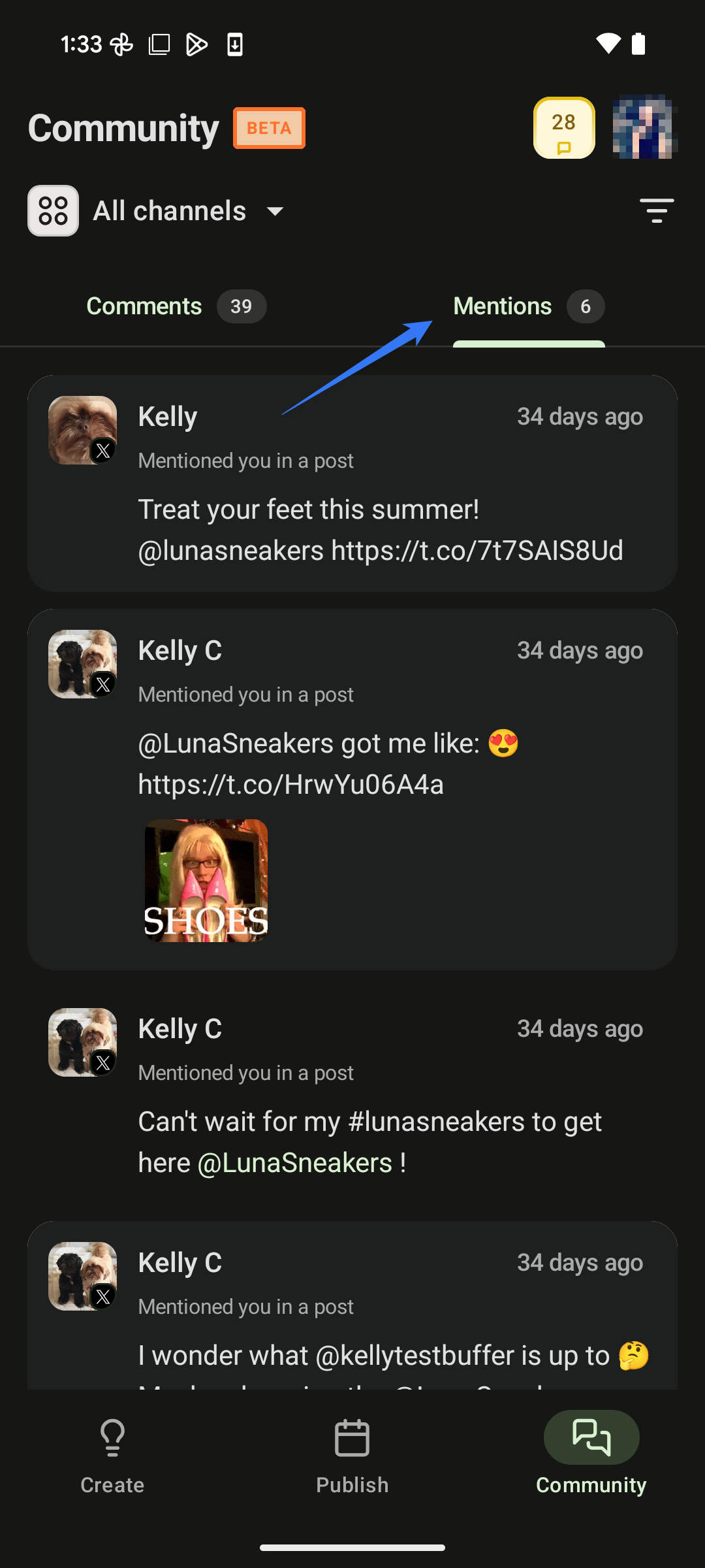 =346x768 Screenshot of arrow pointing to Mentions tab in Community on Buffer Android app