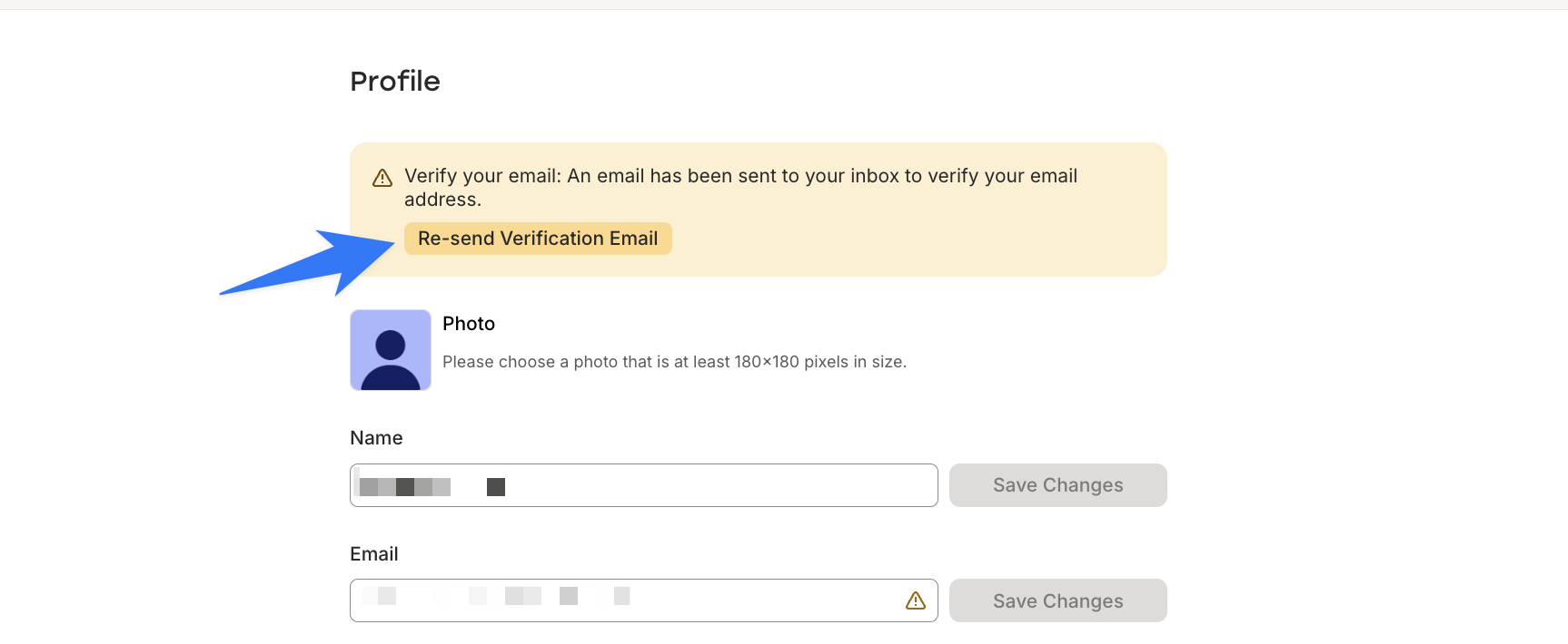 Screenshot: arrow pointing to Re-send Verification email button in Account Settings