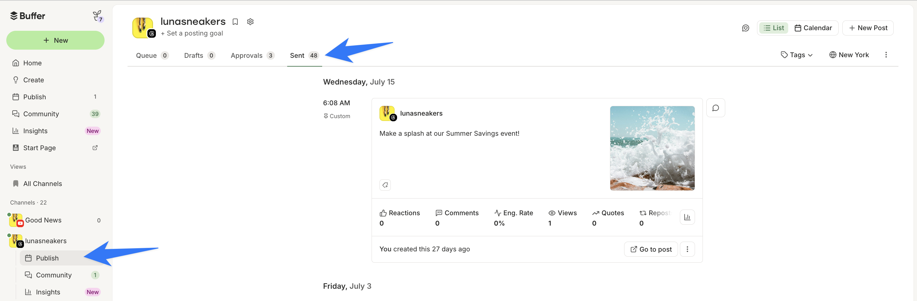 Screenshot: arrows pointing to Publish on left side bar and Sent tab at top of dashboard