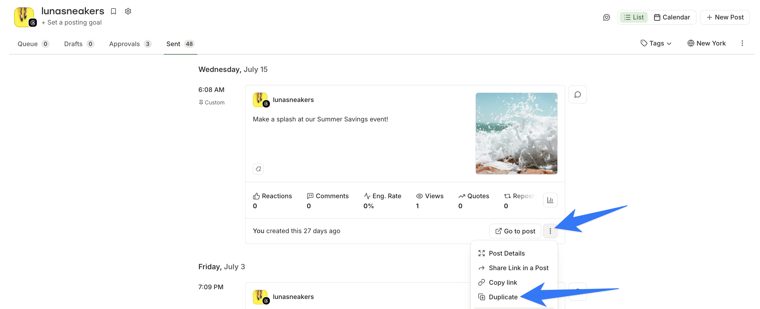 Screenshot: arrows pointing to post options menu and Duplicate option