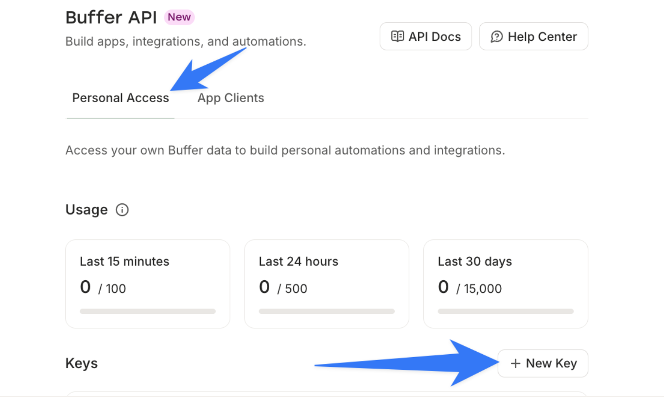Screenshot of Personal Access tab and +New Key button in Buffer API settings