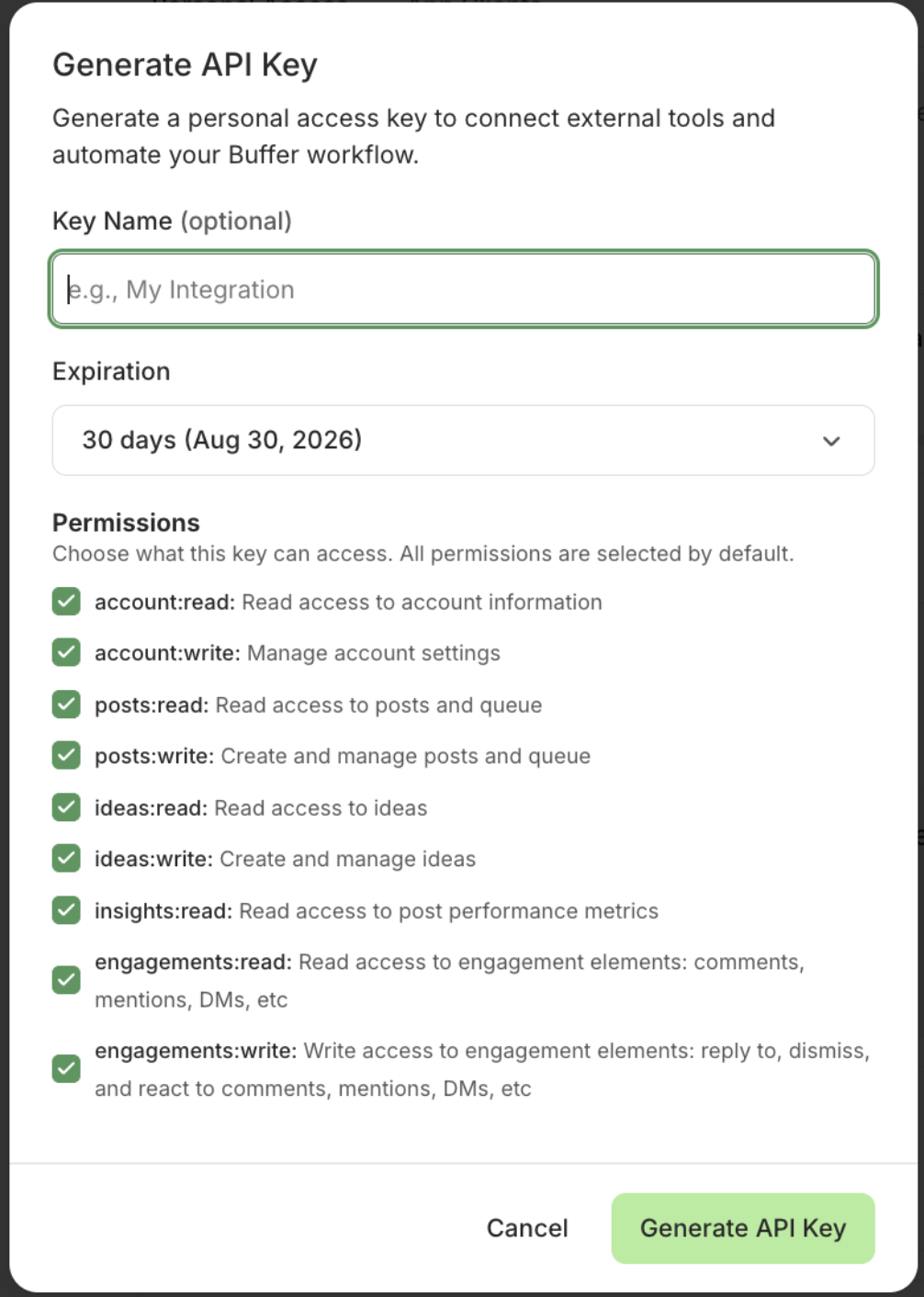 Screenshot of Buffer API permissions in Generate API Key screen