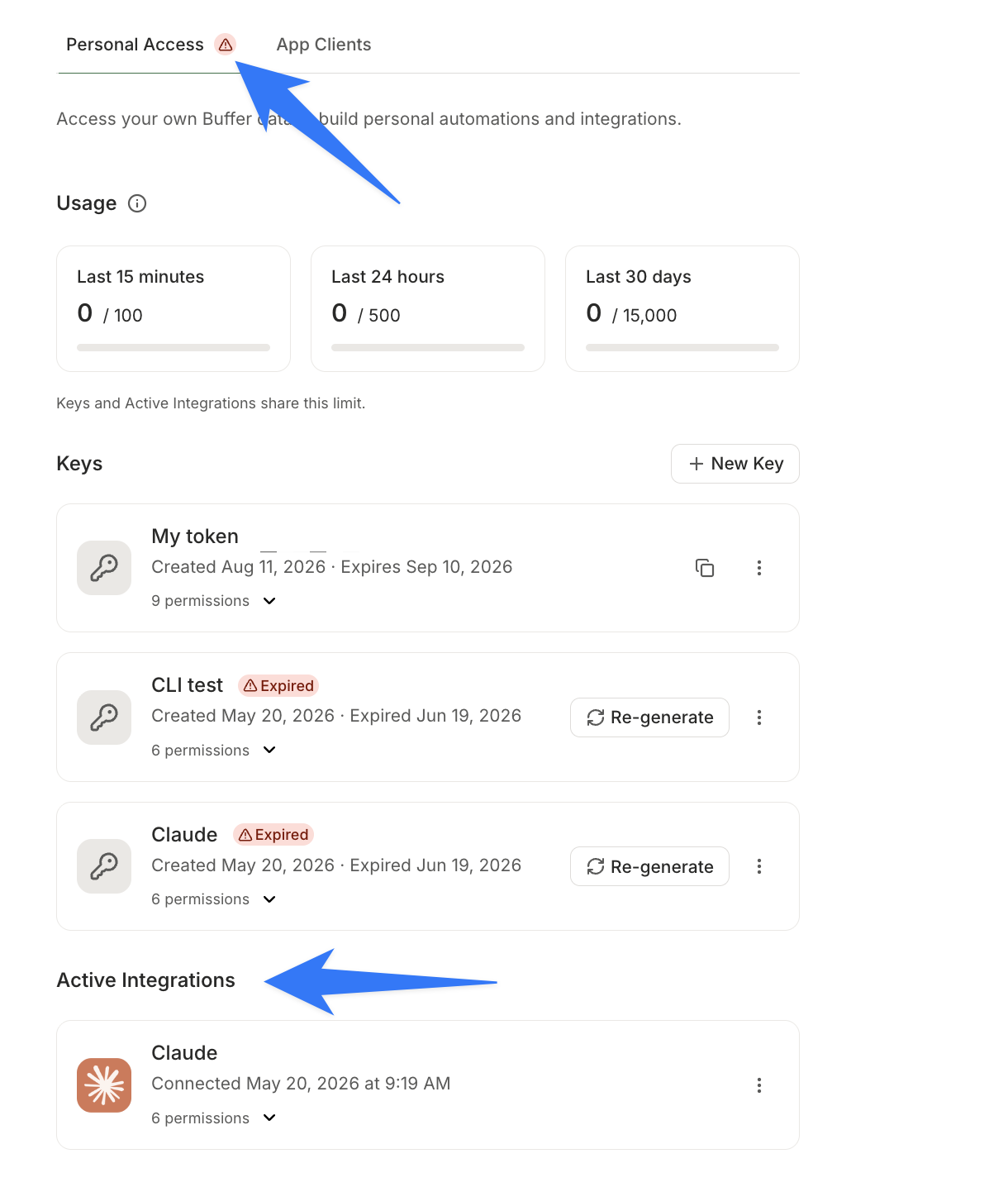 Screenshot of Settings > API with arrows pointing to Personal Access tab and Active Integrations