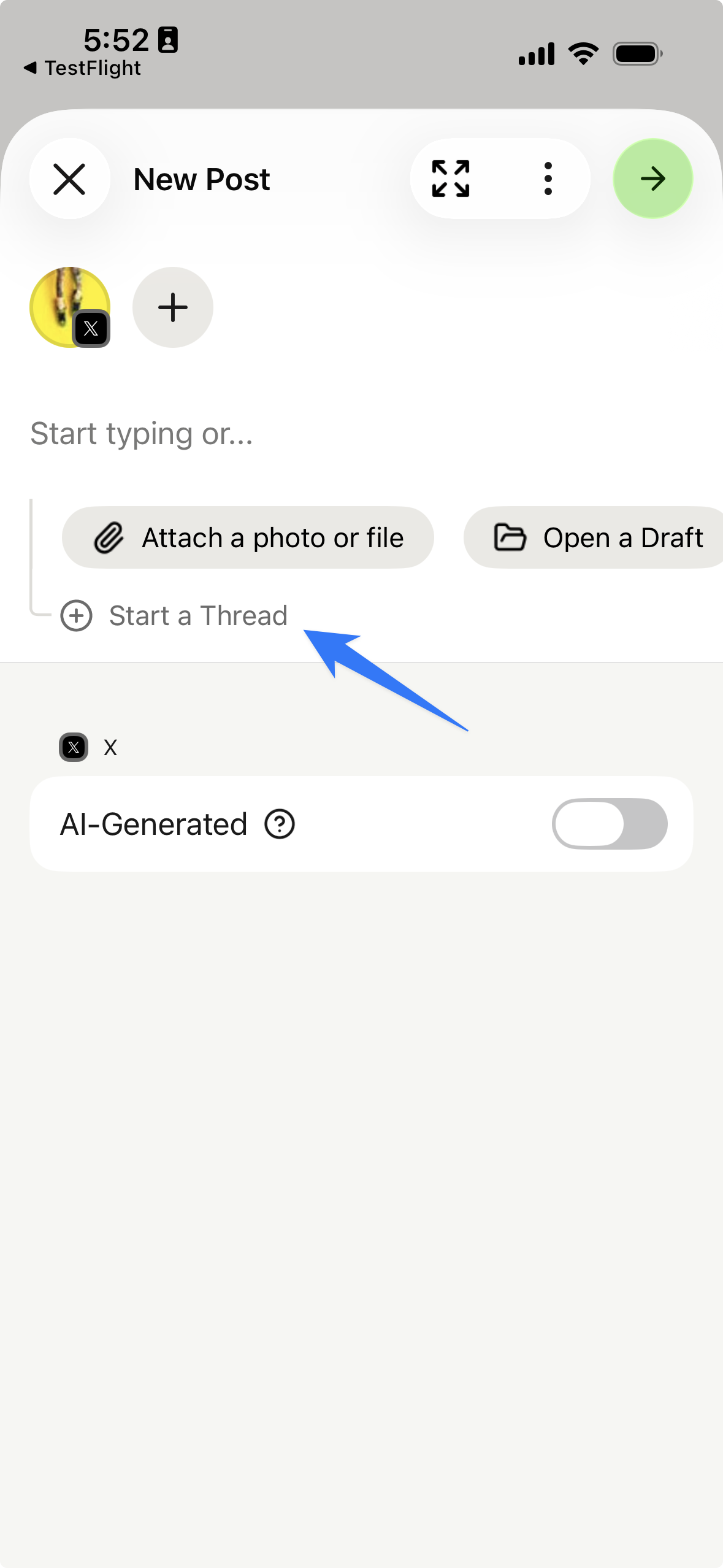 Buffer iOS app with +Start a thread option highlighted