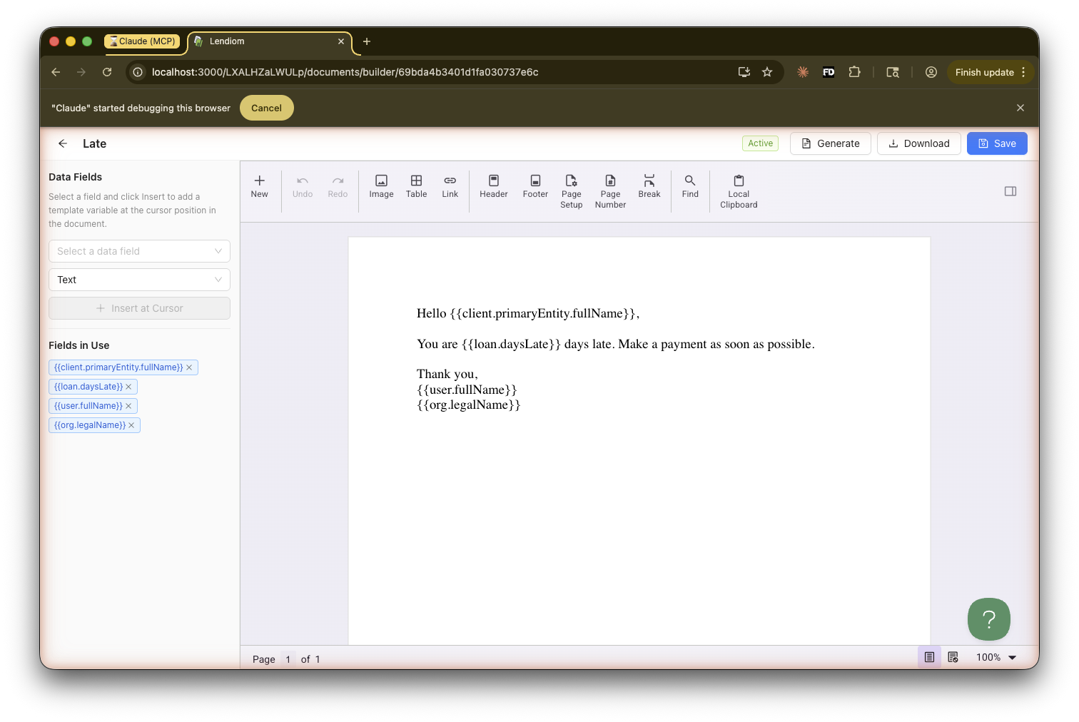 Editor with content and Fields in Use sidebar