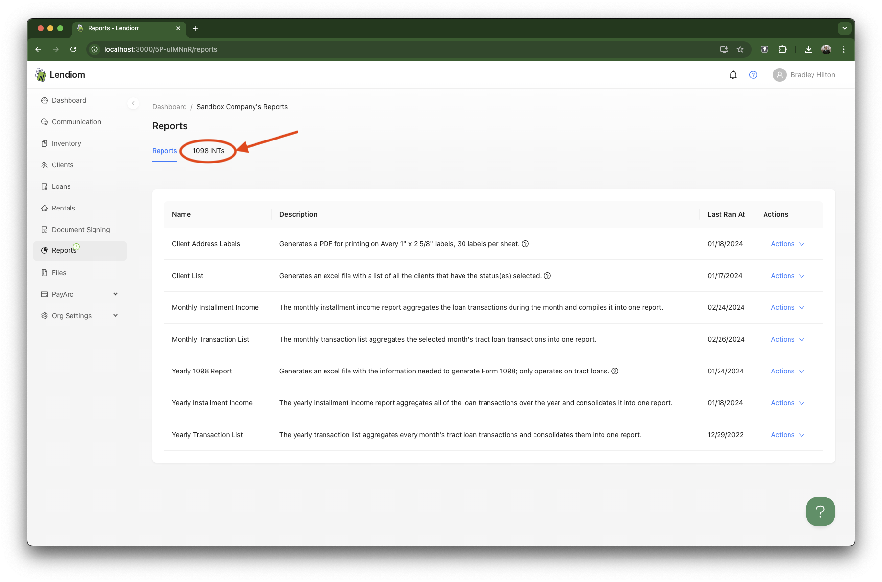 Reports Page Screenshot with red Arrow to 1098 INTs tab