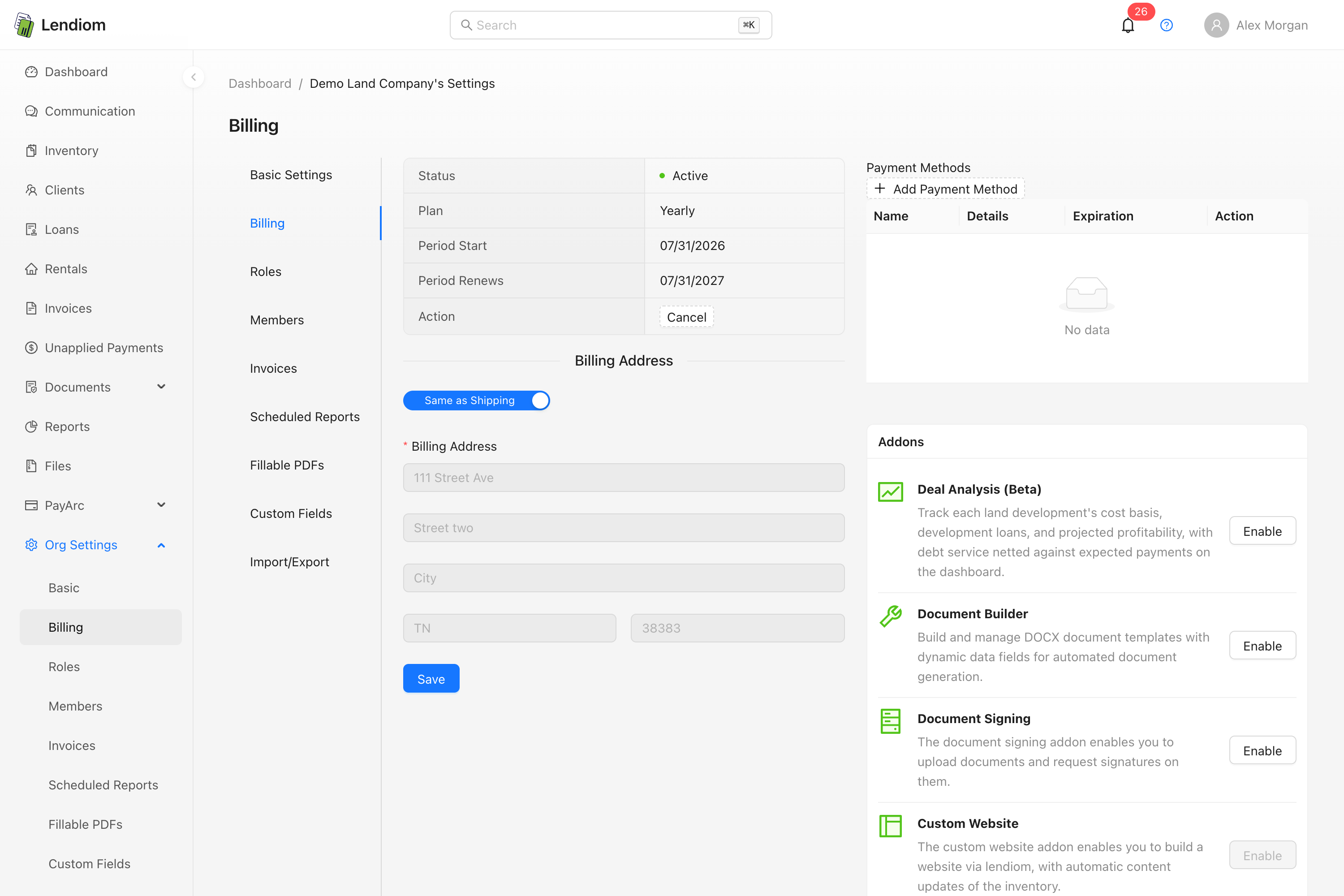 The Billing tab of Org Settings, with the subscription status table and the plan details