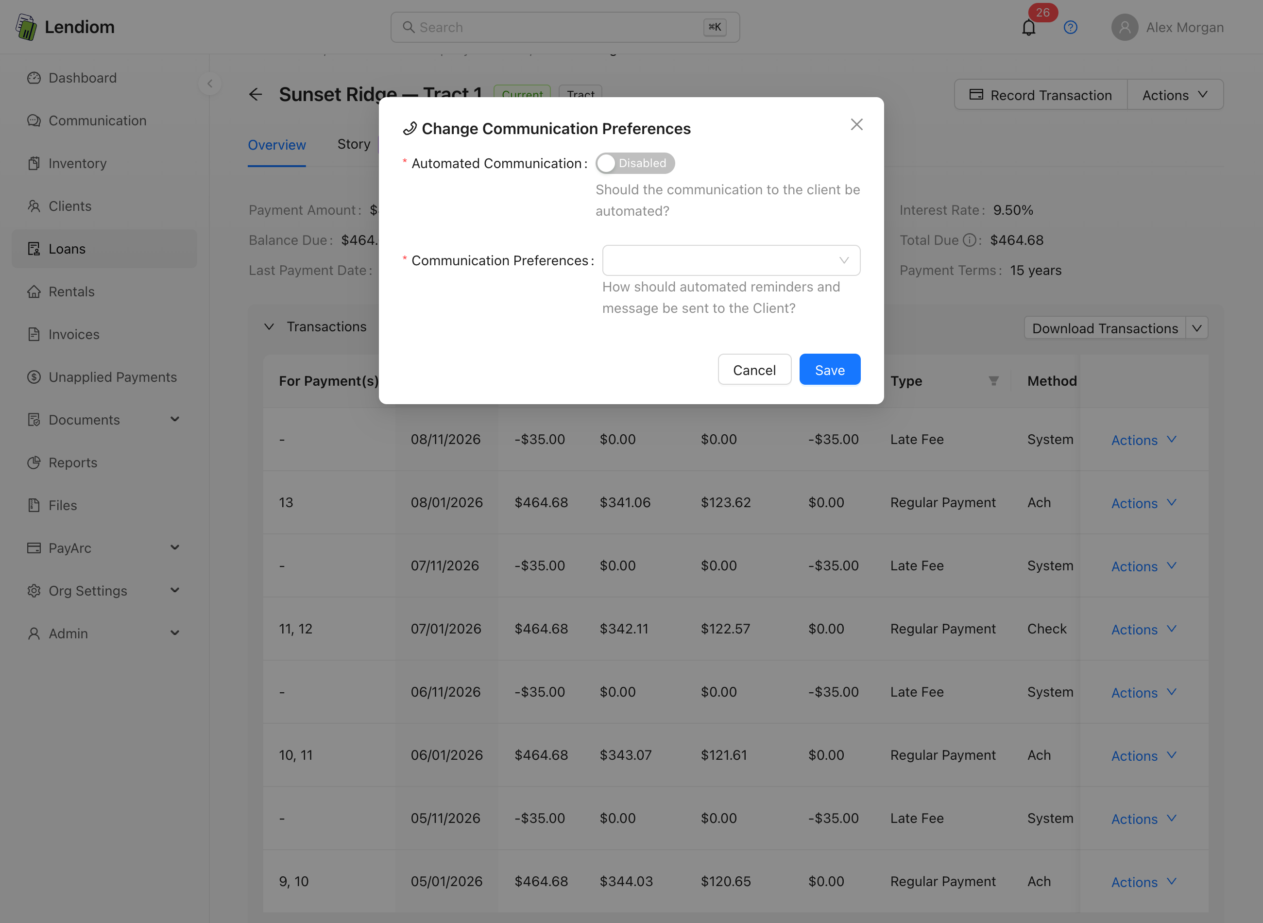 The Change Communication Preferences modal on a loan, with the Automated Communication switch