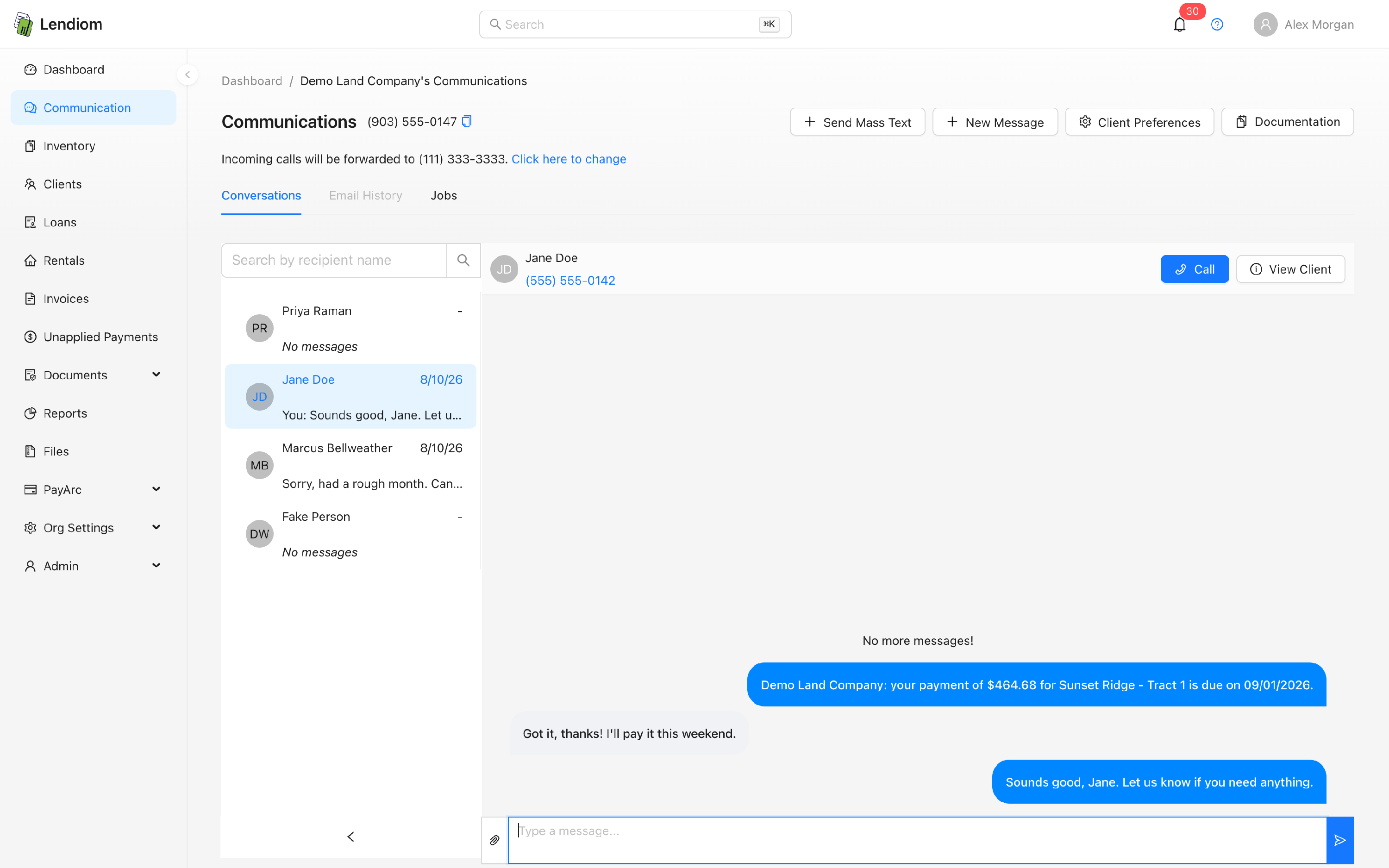 A conversation thread in the communication portal, with an automated outbound payment reminder and the borrower reply