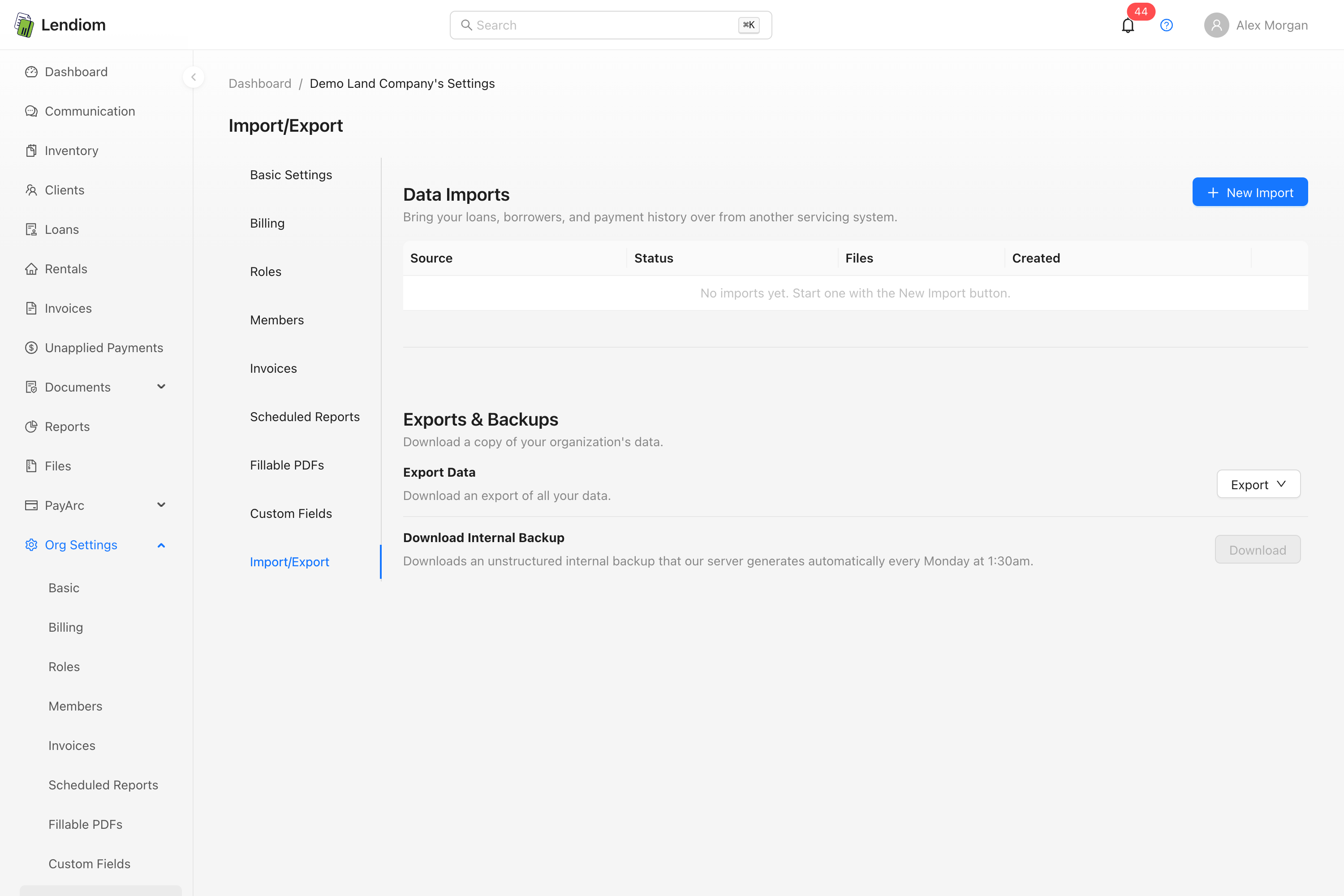 The Data Imports section of the Import/Export tab, listing each import session