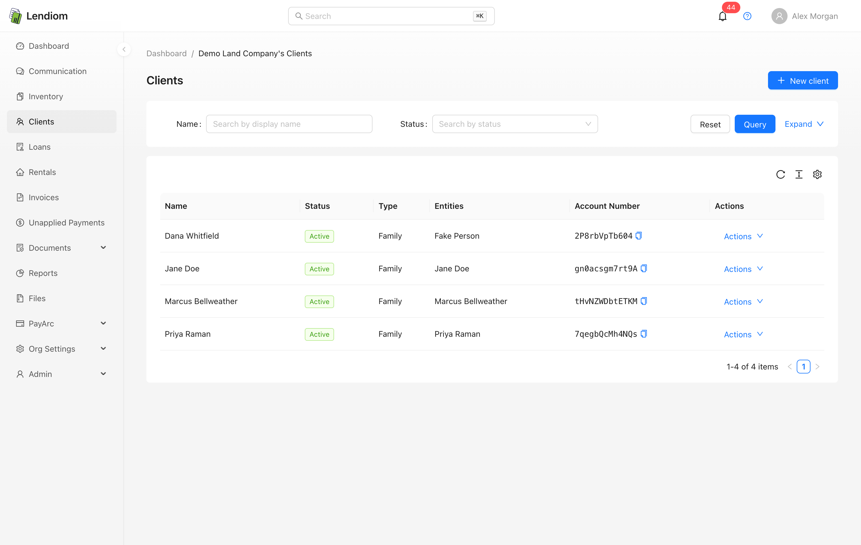 The Clients list, with Name, Status, Type, Entities and Account Number columns and the New client button