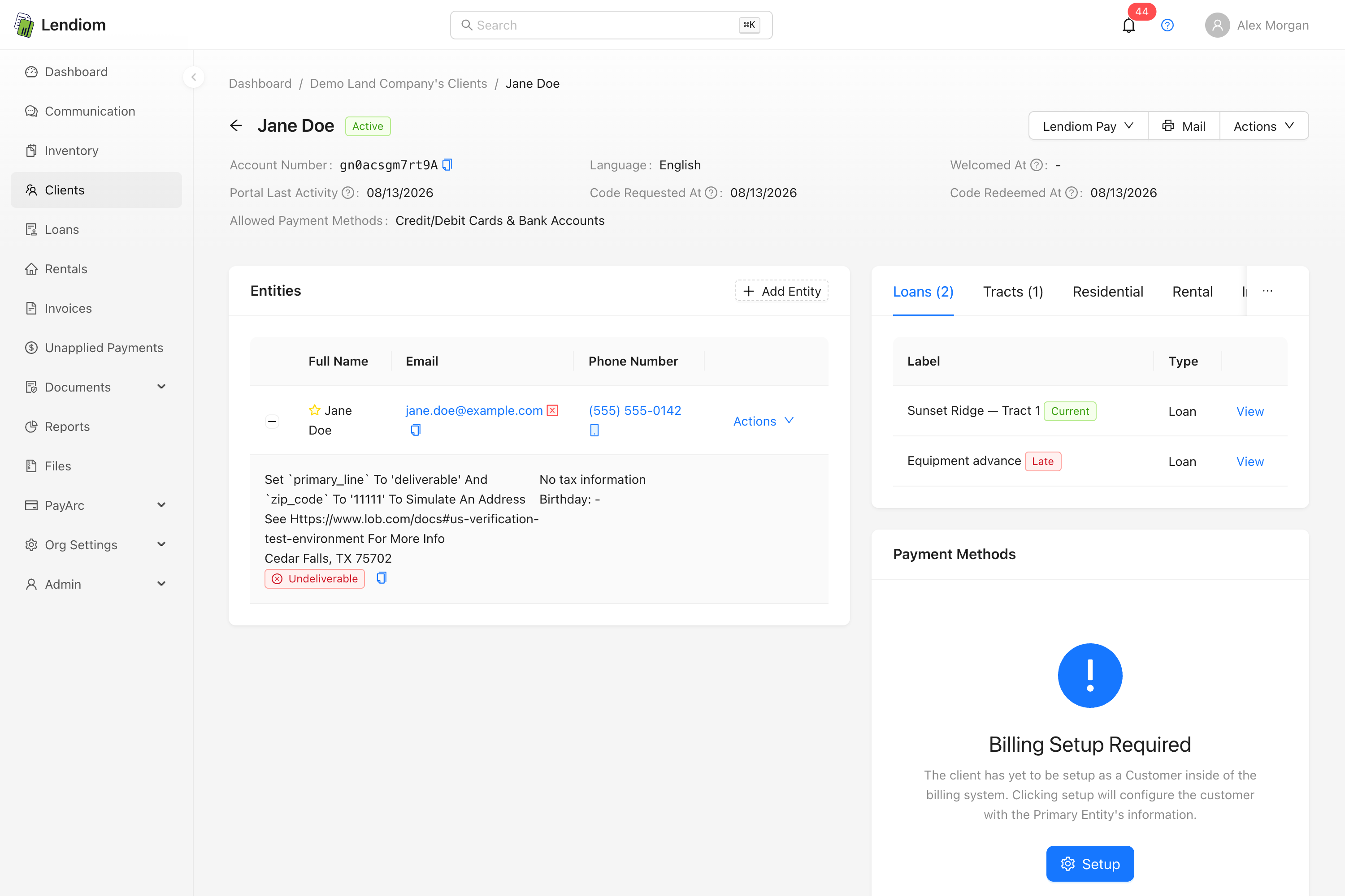 The Entities card on a client page, with the primary entity starred and its contact details listed