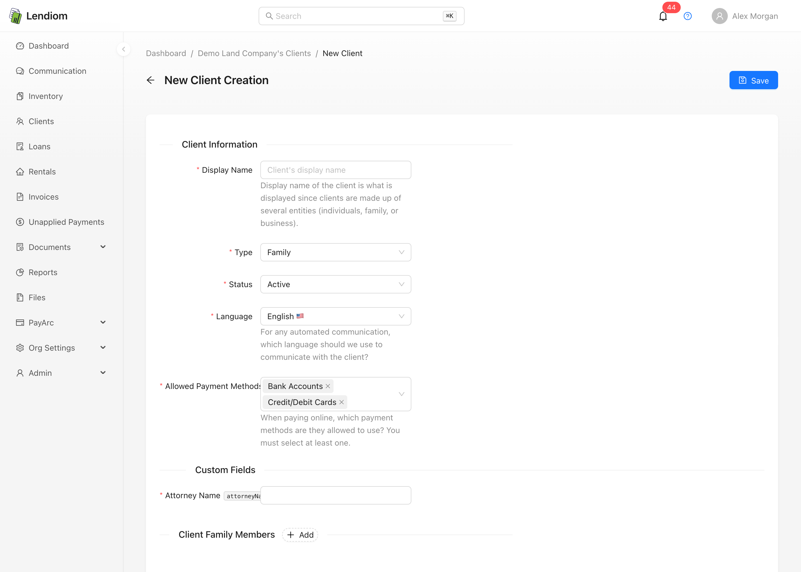 The new client form, with Display Name, Type, Status, Language and Allowed Payment Methods
