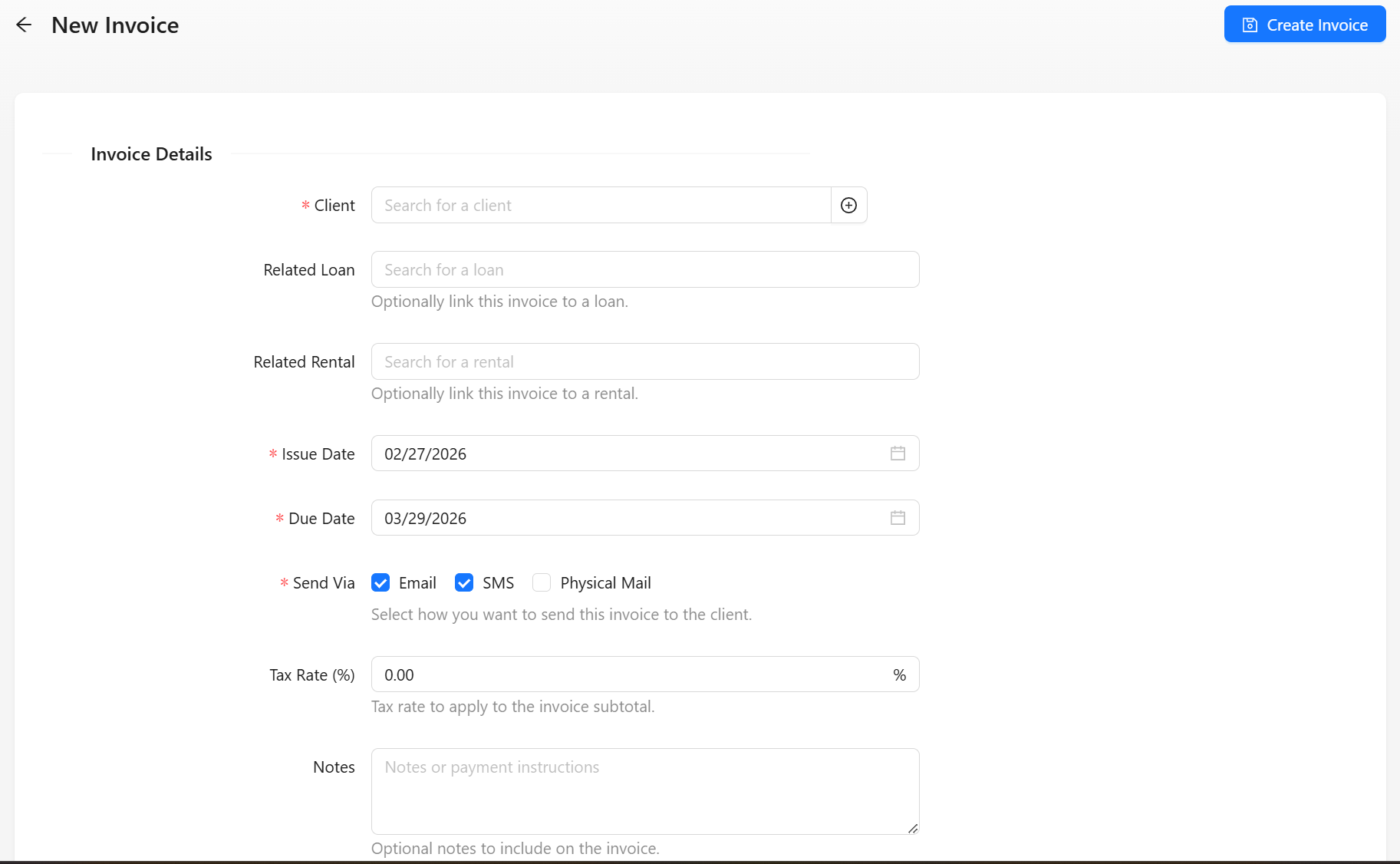 The new invoice form with the automatically assigned invoice number