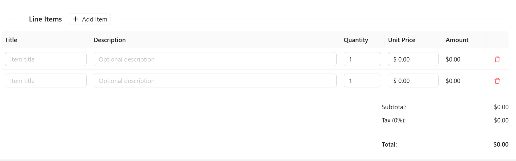 The Line Items editor, available only while an invoice is in Draft status