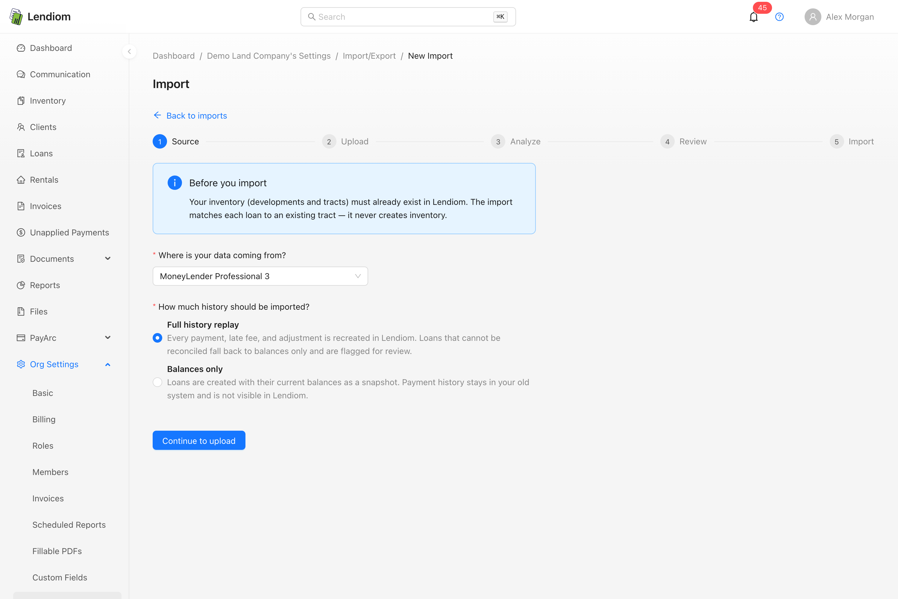 The first step of the import wizard, where the source is chosen