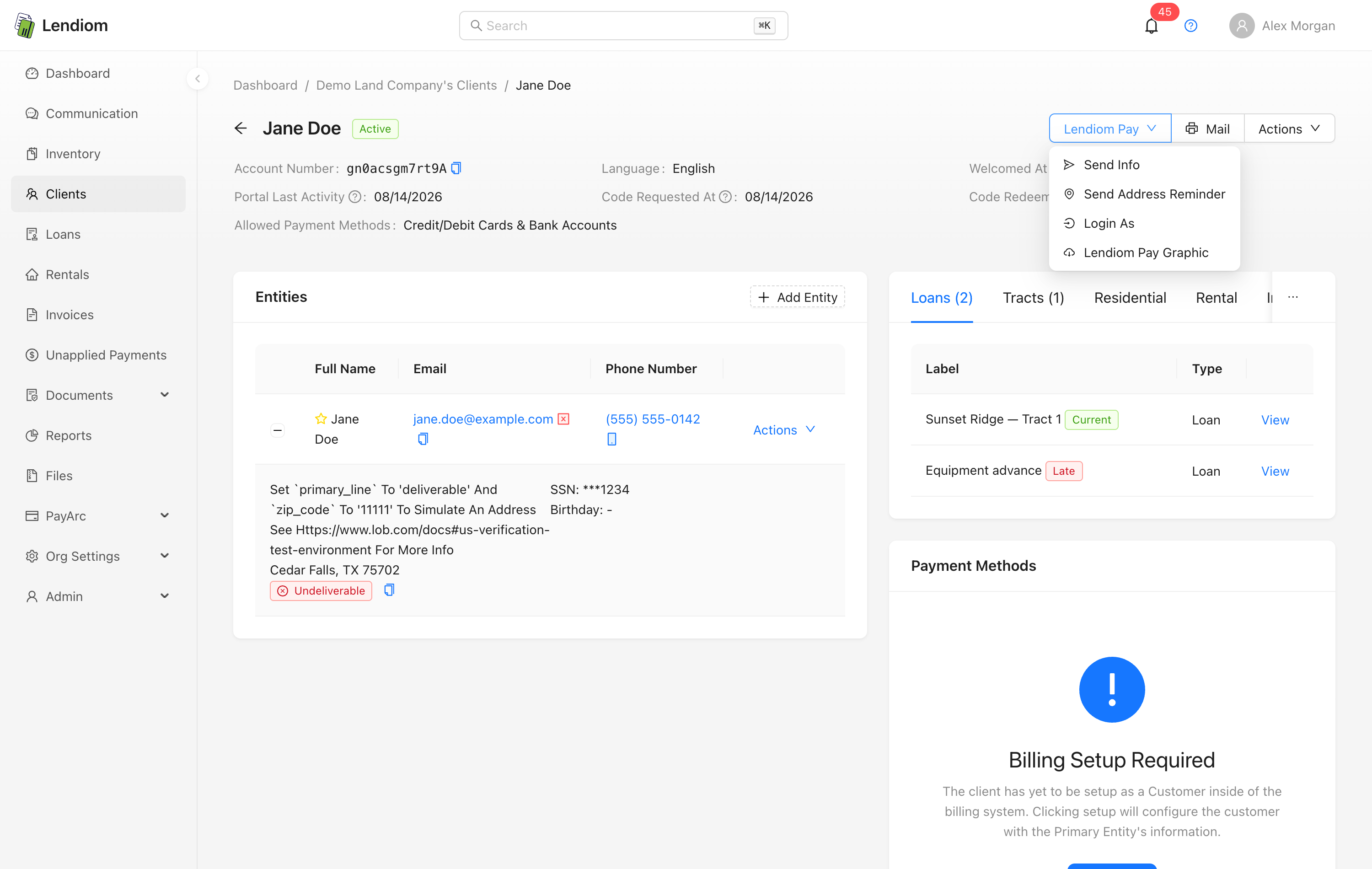 The Lendiom Pay dropdown on a client, with the portal actions it offers