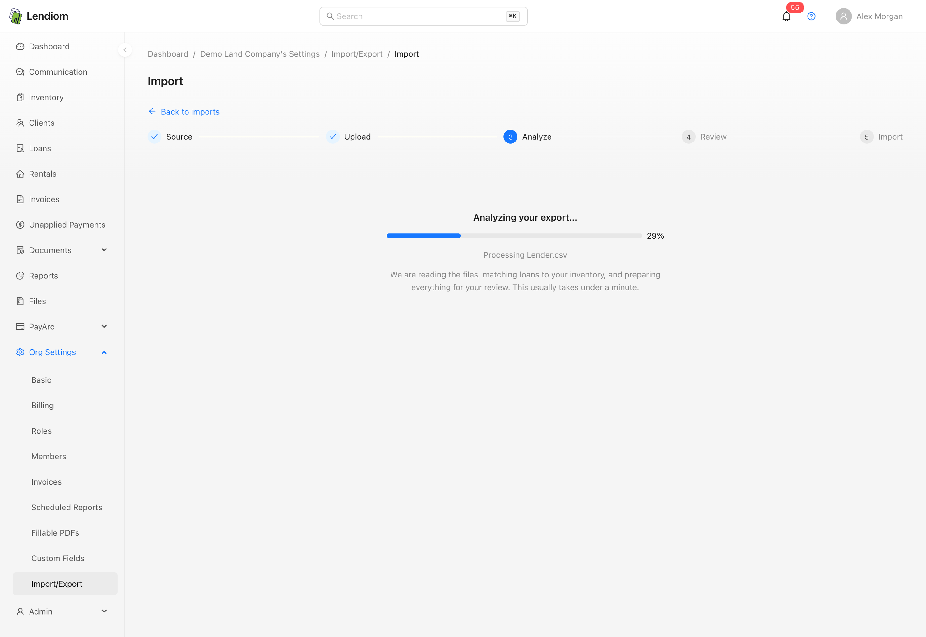 The Analyze step, with a progress bar partway across and the file currently being processed named beneath it