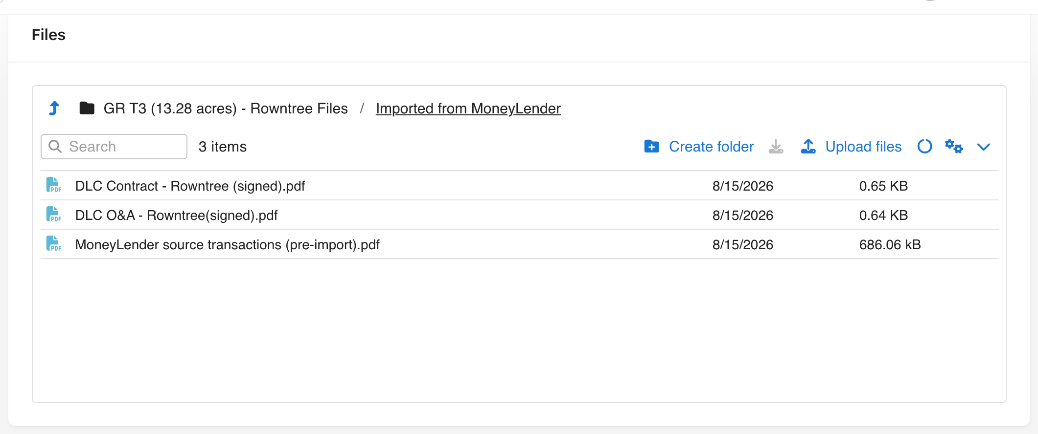 The Files card on an imported loan, with the Imported from MoneyLender folder open and the source transactions PDF alongside the loan’s own two documents