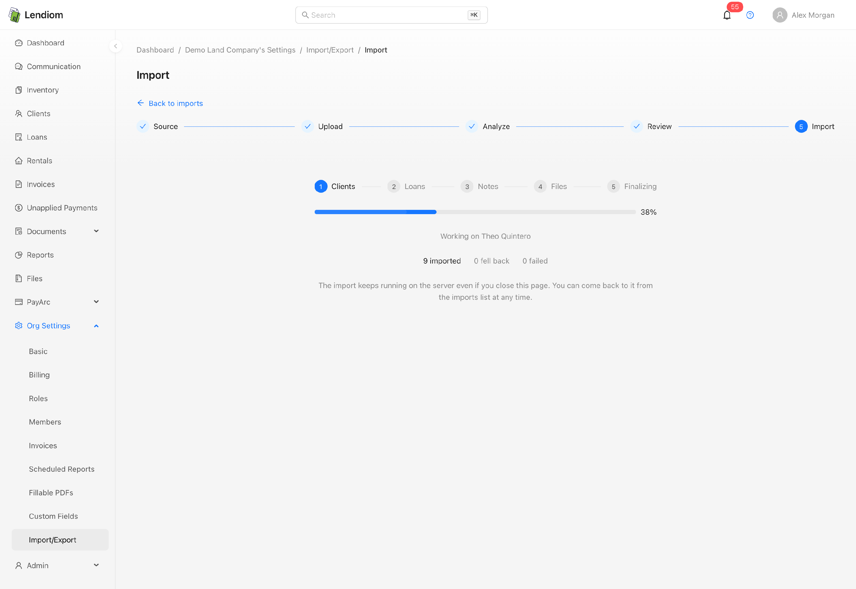 The Import step running, with the five stage bar on Clients, a progress bar partway across, and the imported, fell back and failed counters beneath it