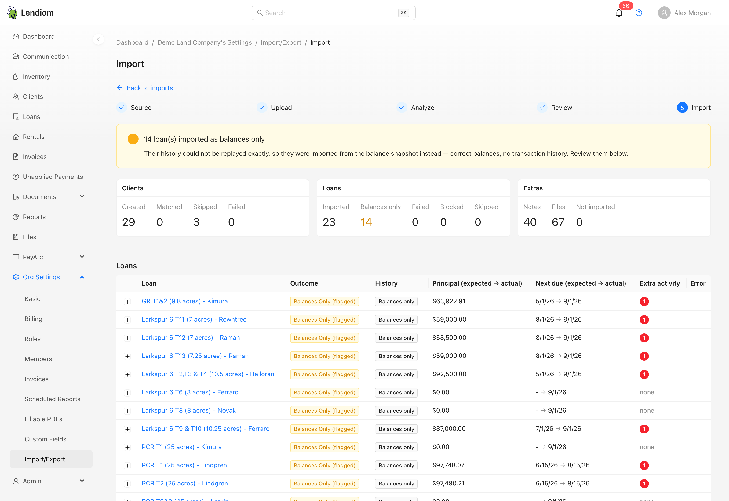The import results, with the clients, loans and extras summary cards above the loans table, each balances-only loan tagged in the outcome column