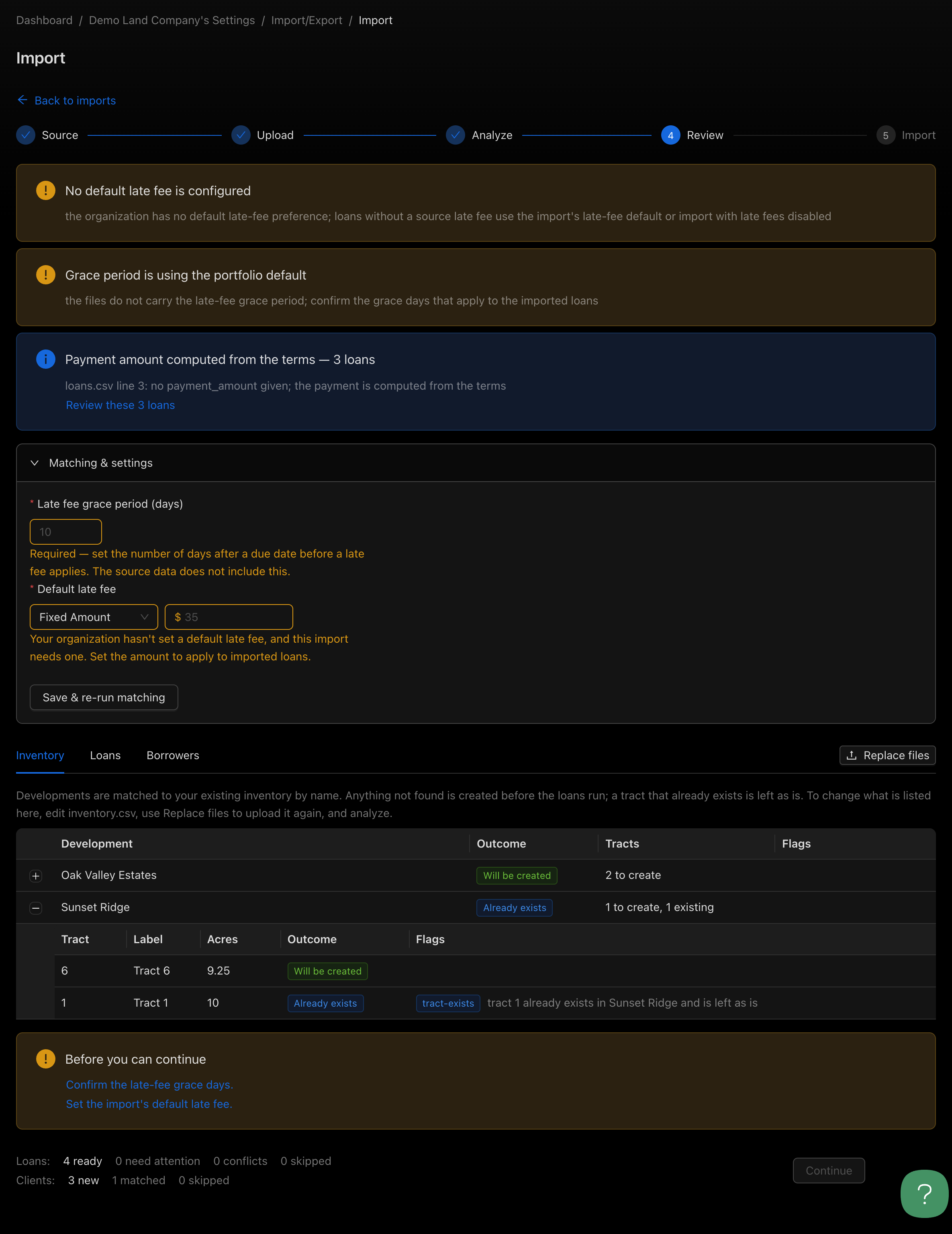The Inventory tab listing developments and tracts to create or reuse