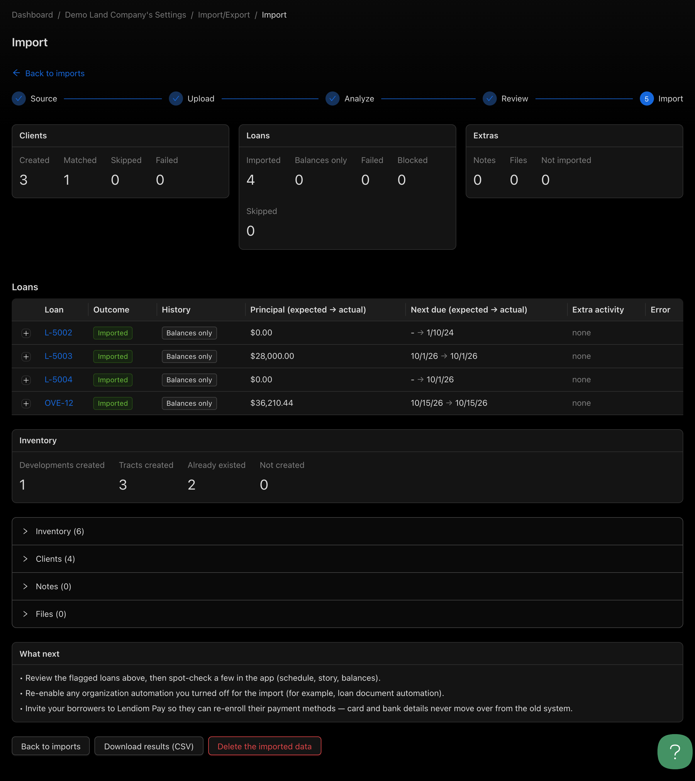 The results screen after the import