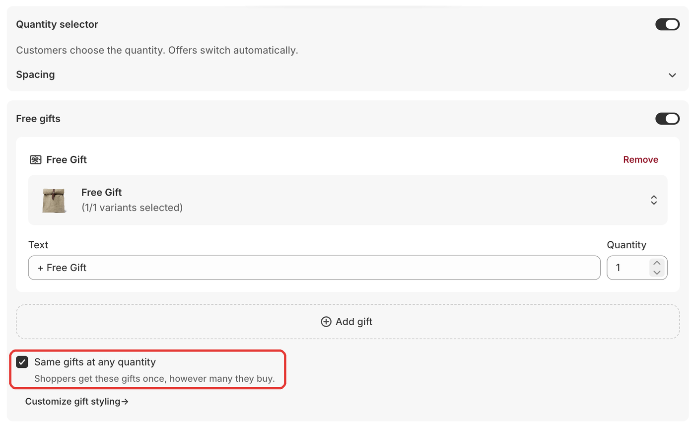 Offer More settings with Quantity selector and Free gifts turned on and one gift selected. Highlighted: Same gifts at any quantity, ticked.