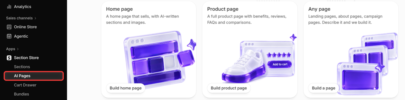Section Store app menu and the AI Pages screen with the Home page, Product page and Any page cards. Highlighted: AI Pages in the app menu.