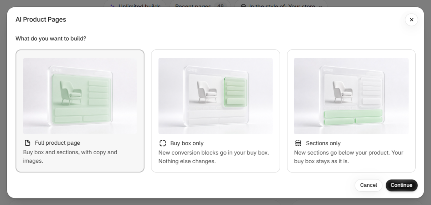 AI Product Pages window asking What do you want to build, with Full product page, Buy box only and Sections only.
