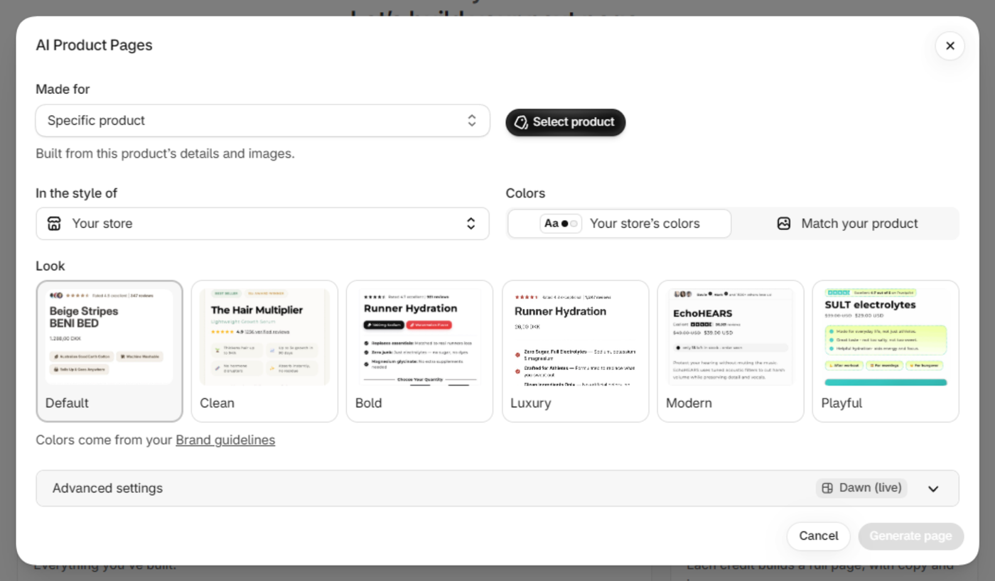 AI Product Pages form with Made for, In the style of, Colors, Look and Advanced settings, and the Generate page button.