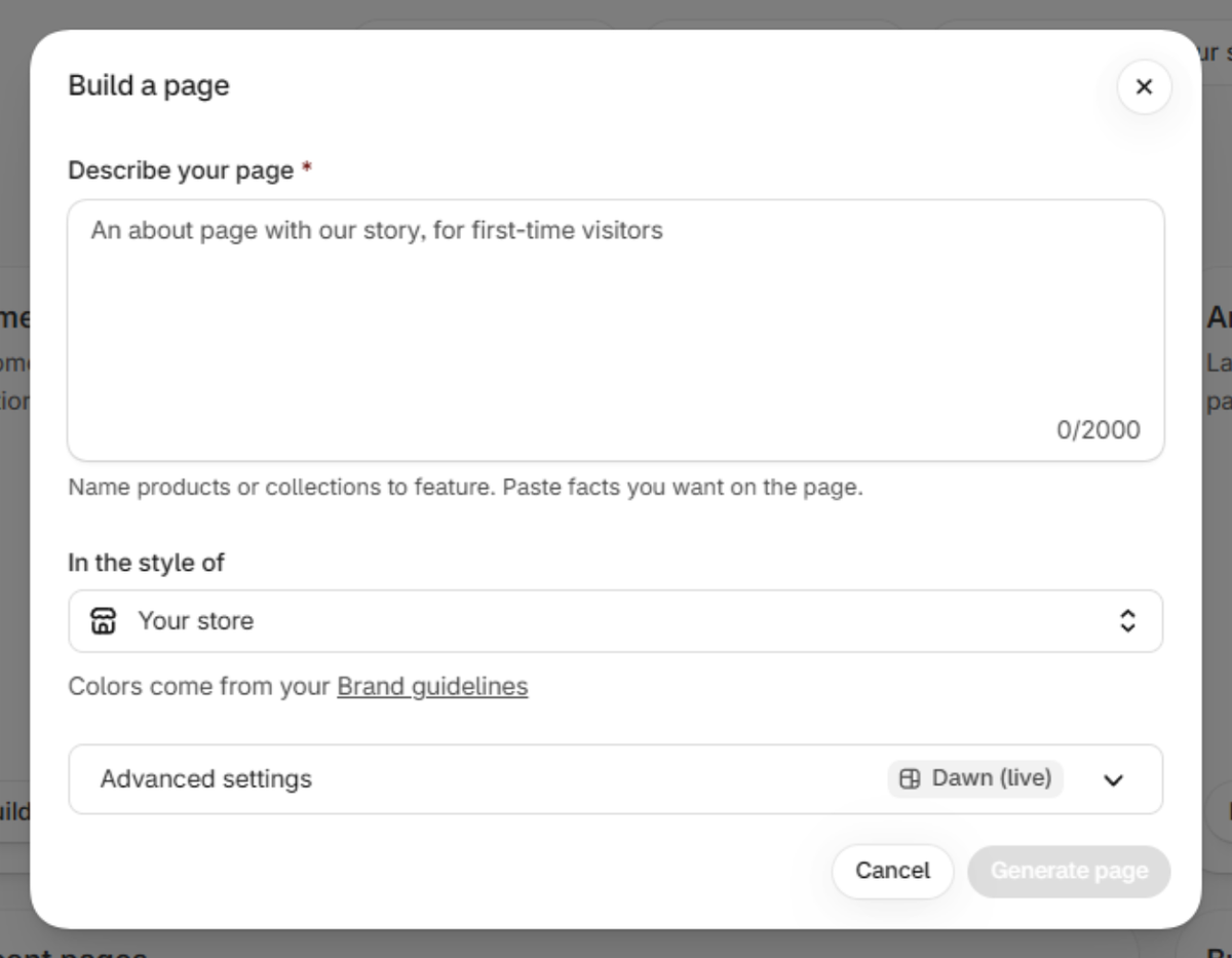 Build a page window with the Describe your page box, In the style of and Advanced settings.