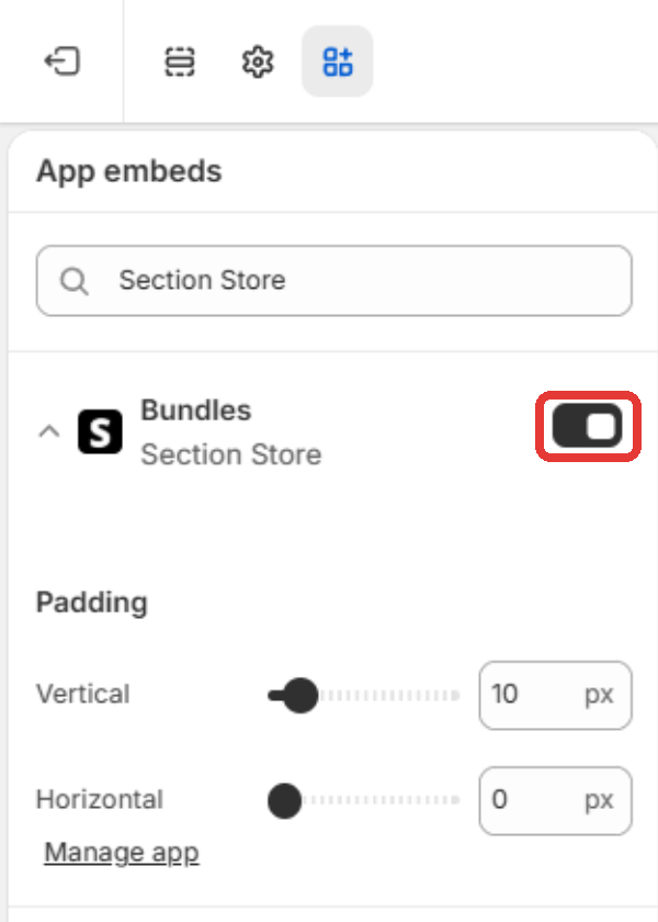 Theme editor App embeds panel with the Bundles embed from Section Store switched on and its Padding settings. Highlighted: the Bundles toggle. Save is at the top right of the editor.
