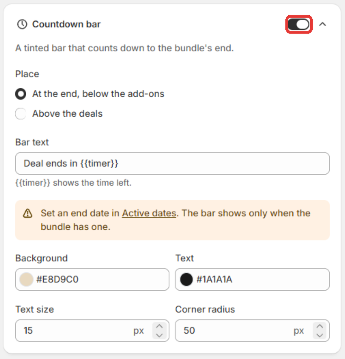 Countdown bar card in the bundle editor, switched on, with Place, Bar text, Background and Text colors, Text size and Corner radius. The Set an end date in Active dates notice shows because this bundle has no end date yet. Highlighted: the Countdown bar switch.